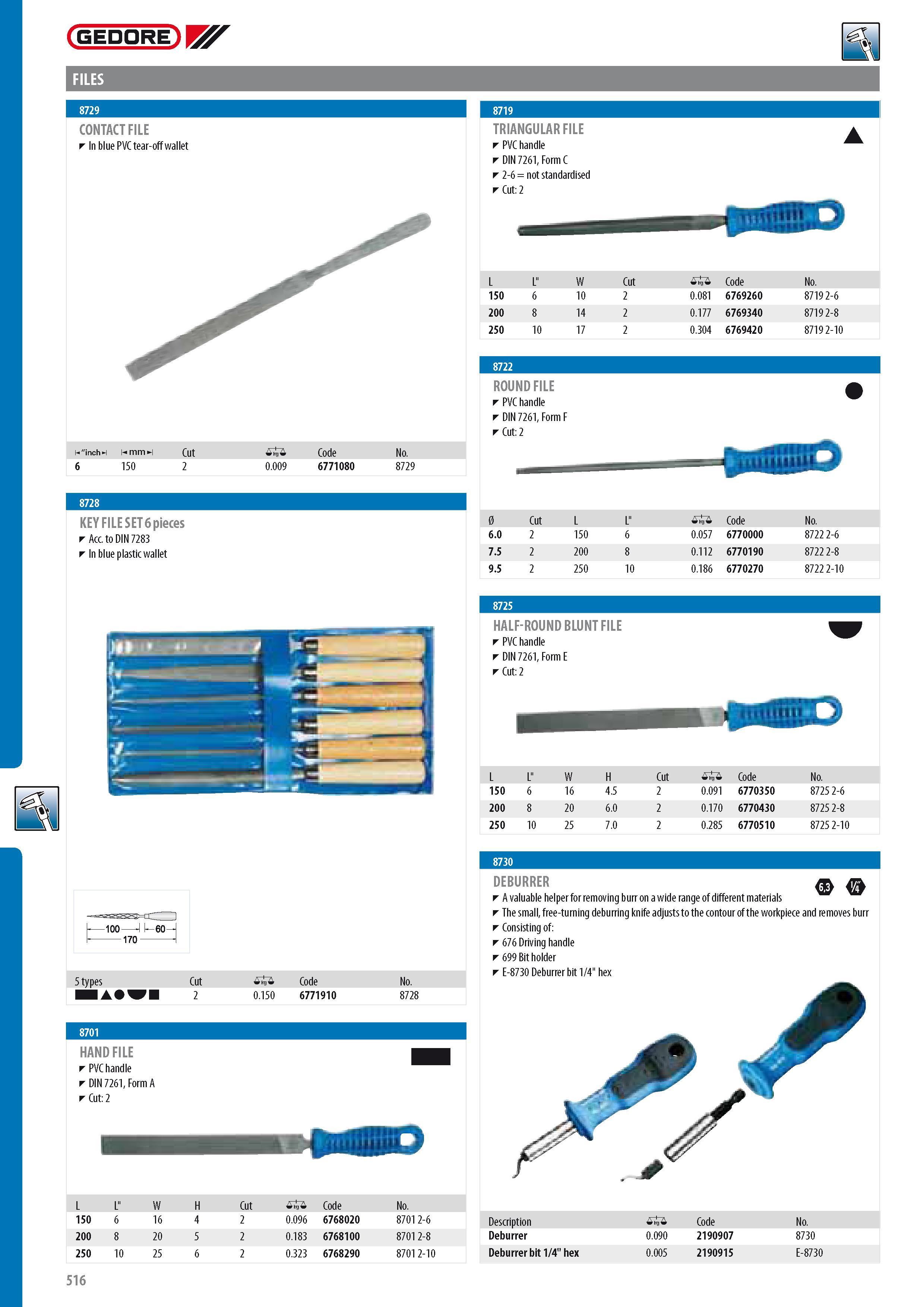 518 GEDORE CONTACT FILE I n blue PVC tear-off wallet TRIANGULAR FILE PVC handle DIN 7261 Form C 2-6 not standardised Cut 2 inchH HmmH Cut 0 Code No 6 150 2 0 0 Каталог GEDORE 2014 Профессиональный слесарный инструмент и оборудование для мастерских и машиностроительных производств Стр. 516 ENG