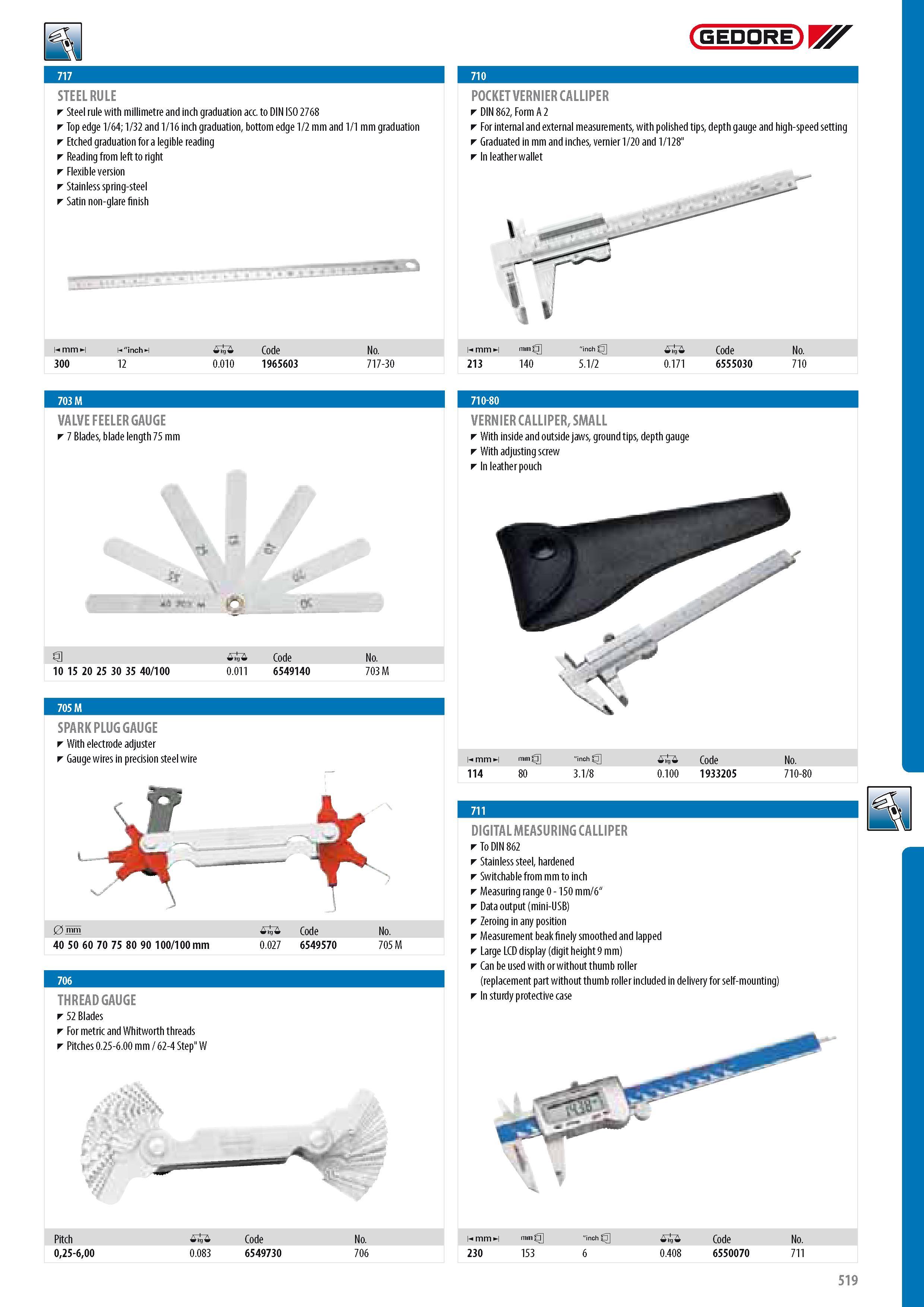 521 GEDORE STEEL RULE Steel rule with millimetre and inch graduation acc to DIN ISO 2768 Top edge 1 64; 1 32 and 1 16 inch graduation bottom edge 1 2 mm and mm Каталог GEDORE 2014 Профессиональный слесарный инструмент и оборудование для мастерских и машиностроительных производств Стр. 519 ENG