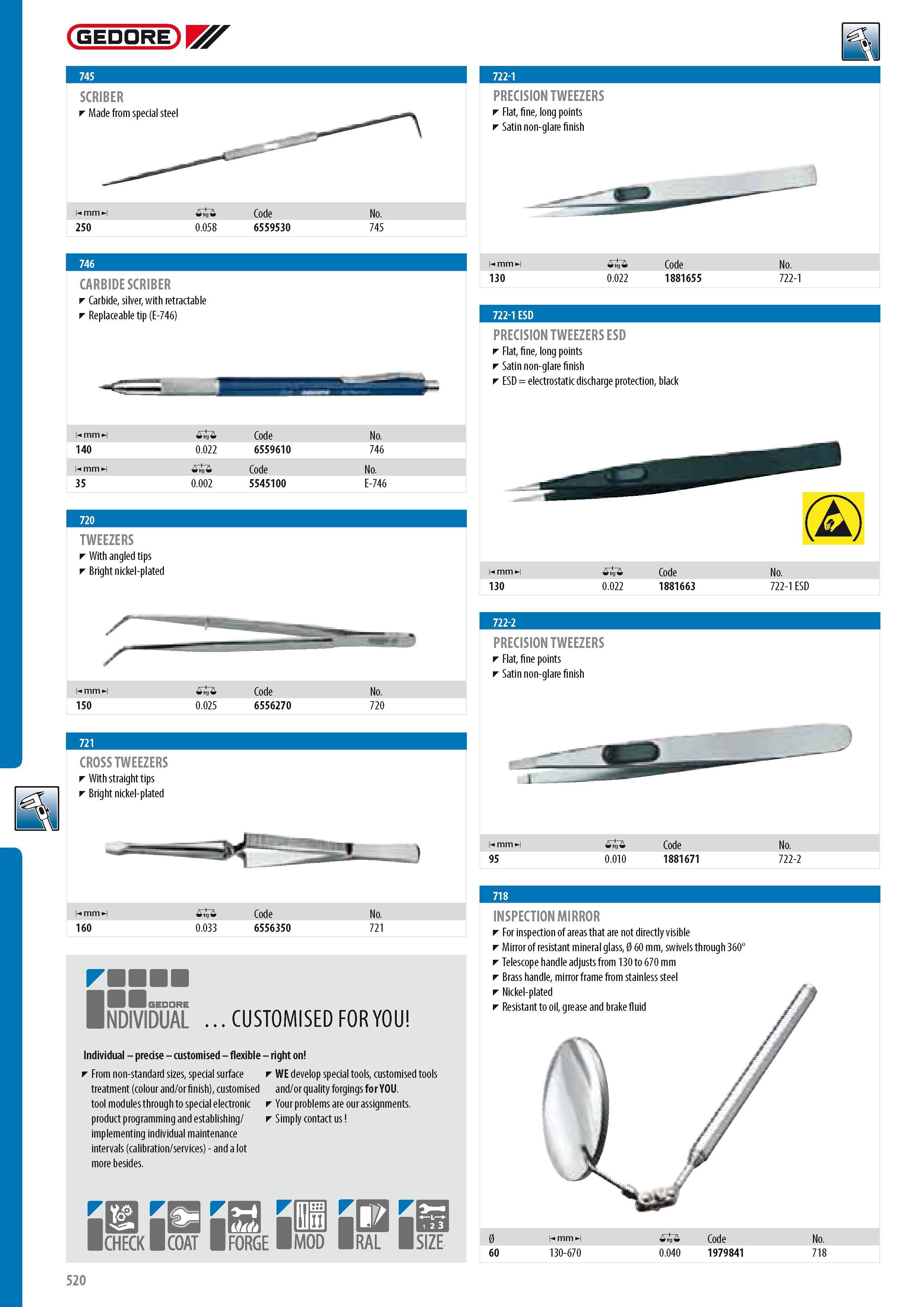 522 GEDORE SCRIBER Made from special steel CARBIDE SCRIBER Carbide silver with retractable Replaceable tip (E-746) TWEEZERS With angled tips Bright nickel-plat Каталог GEDORE 2014 Профессиональный слесарный инструмент и оборудование для мастерских и машиностроительных производств Стр. 520 ENG