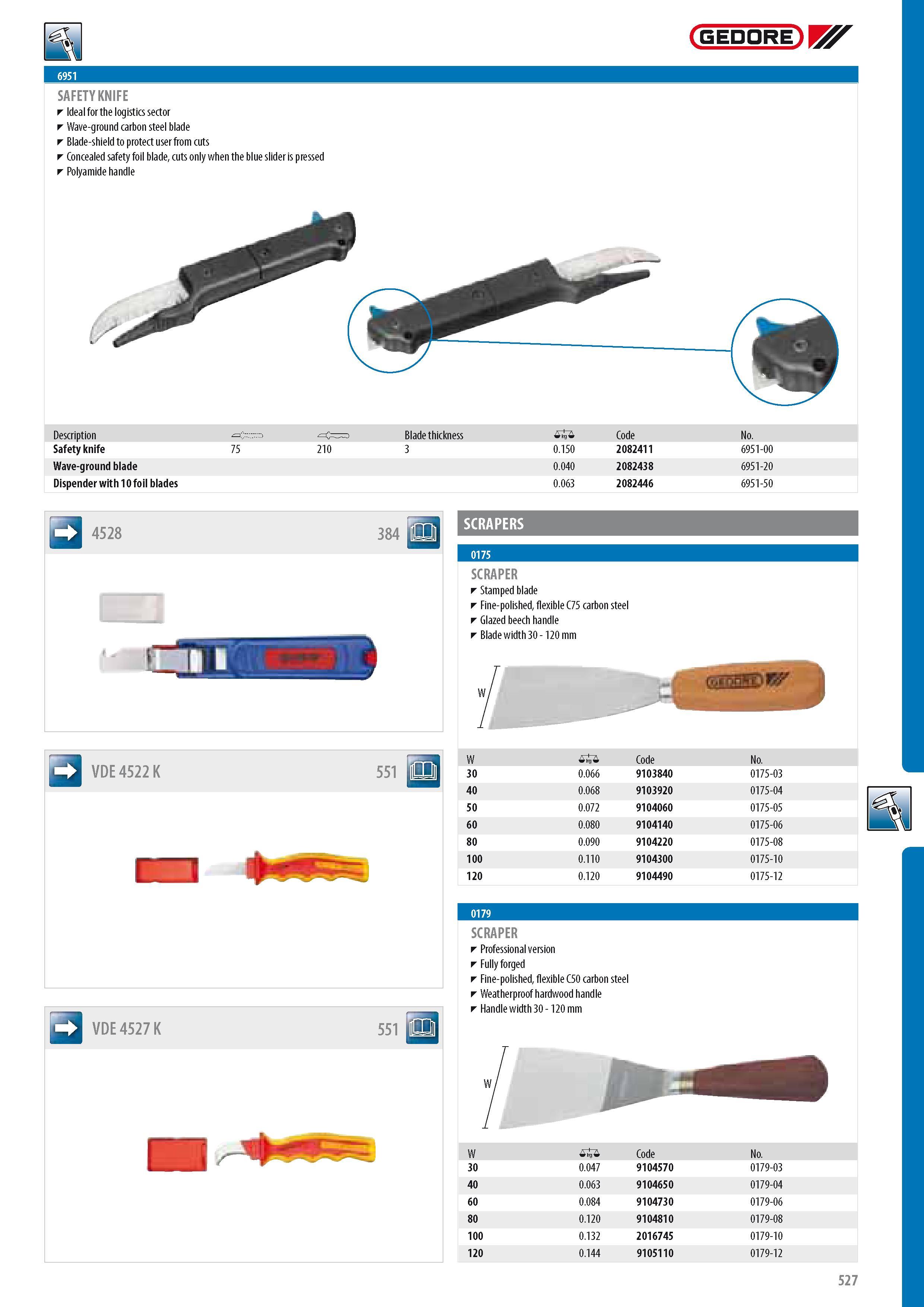 529 GEDORE SAFETY KNIFE Idealforthe logistics sector Wave-ground carbon steel blade Blade-shield to protect user from cuts Concealed safety foil blade cuts onl Каталог GEDORE 2014 Профессиональный слесарный инструмент и оборудование для мастерских и машиностроительных производств Стр. 527 ENG