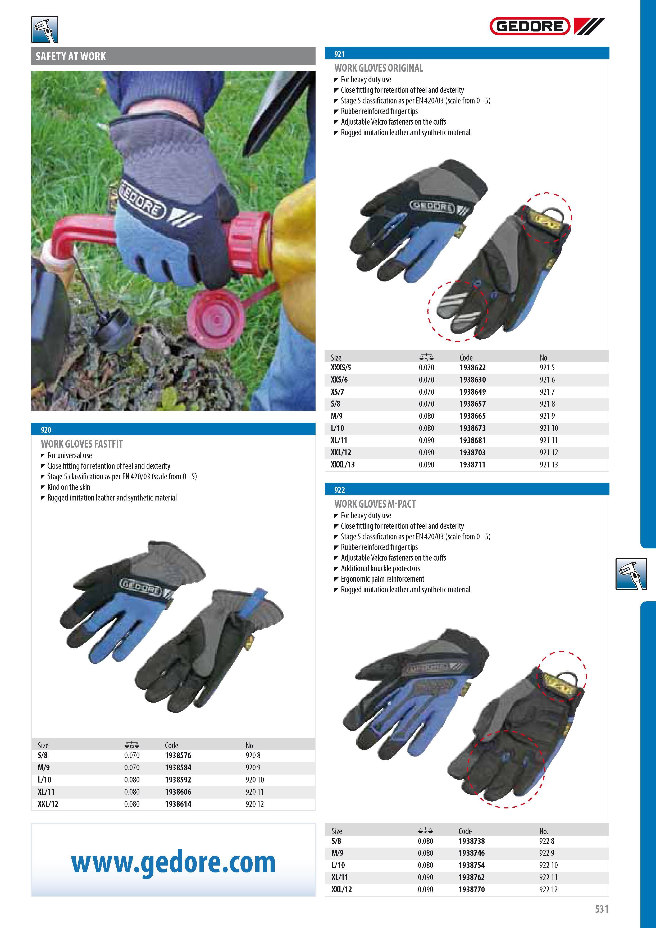 533 GEDORE SAFETY AT WORK WORK GLOVES FASTFIT For universal use Close fitting for retention of feel and dexterity Stage 5 classification as per EN 420 03 (scal Каталог GEDORE 2014 Профессиональный слесарный инструмент и оборудование для мастерских и машиностроительных производств Стр. 531 ENG