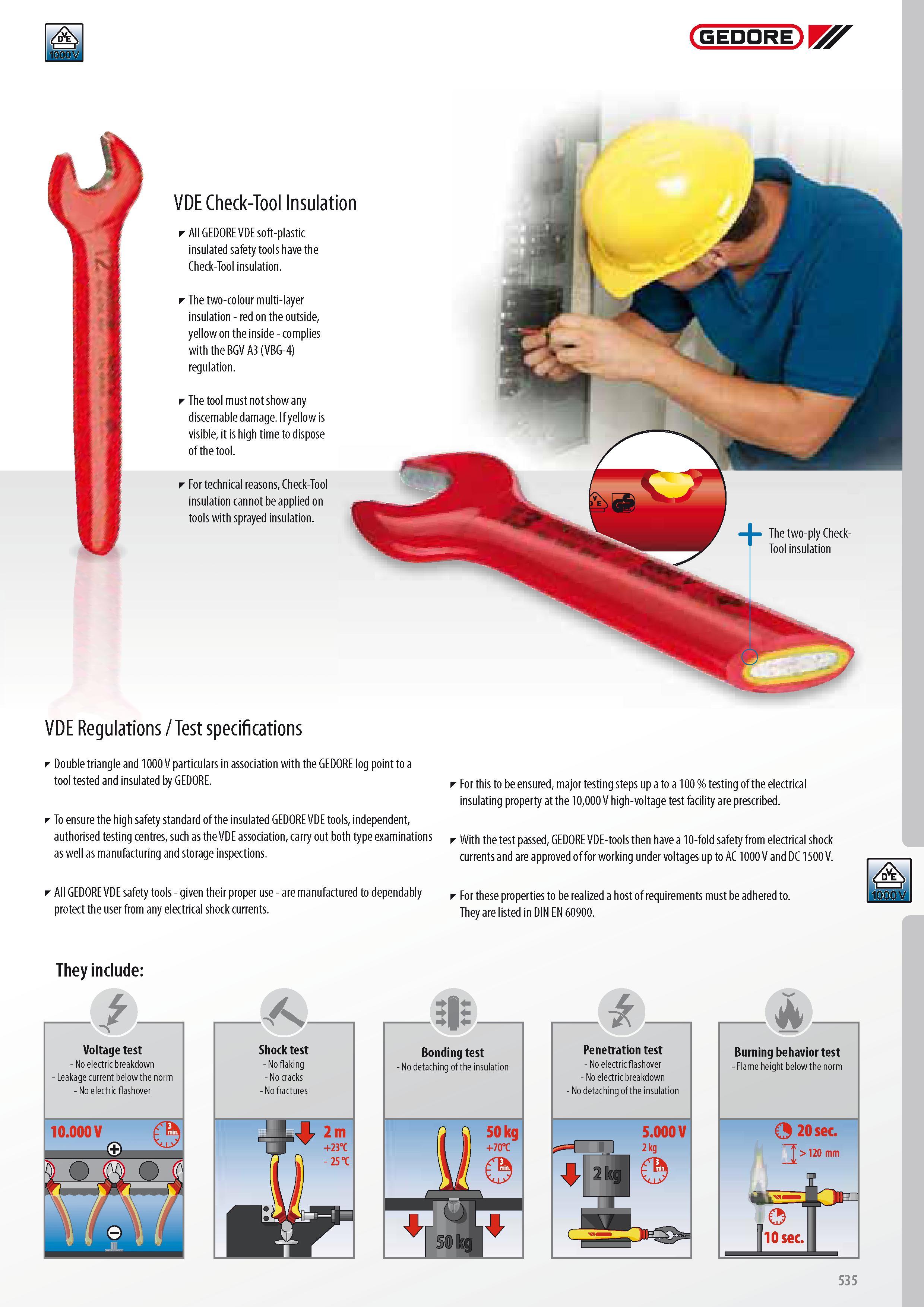 537 GEDORE VDE Check-Tool Insulation T All GEDORE VDE soft-plastic insulated safety tools have the Check-Tool insulation The two-colour multi-layer insulation Каталог GEDORE 2014 Профессиональный слесарный инструмент и оборудование для мастерских и машиностроительных производств Стр. 535 ENG