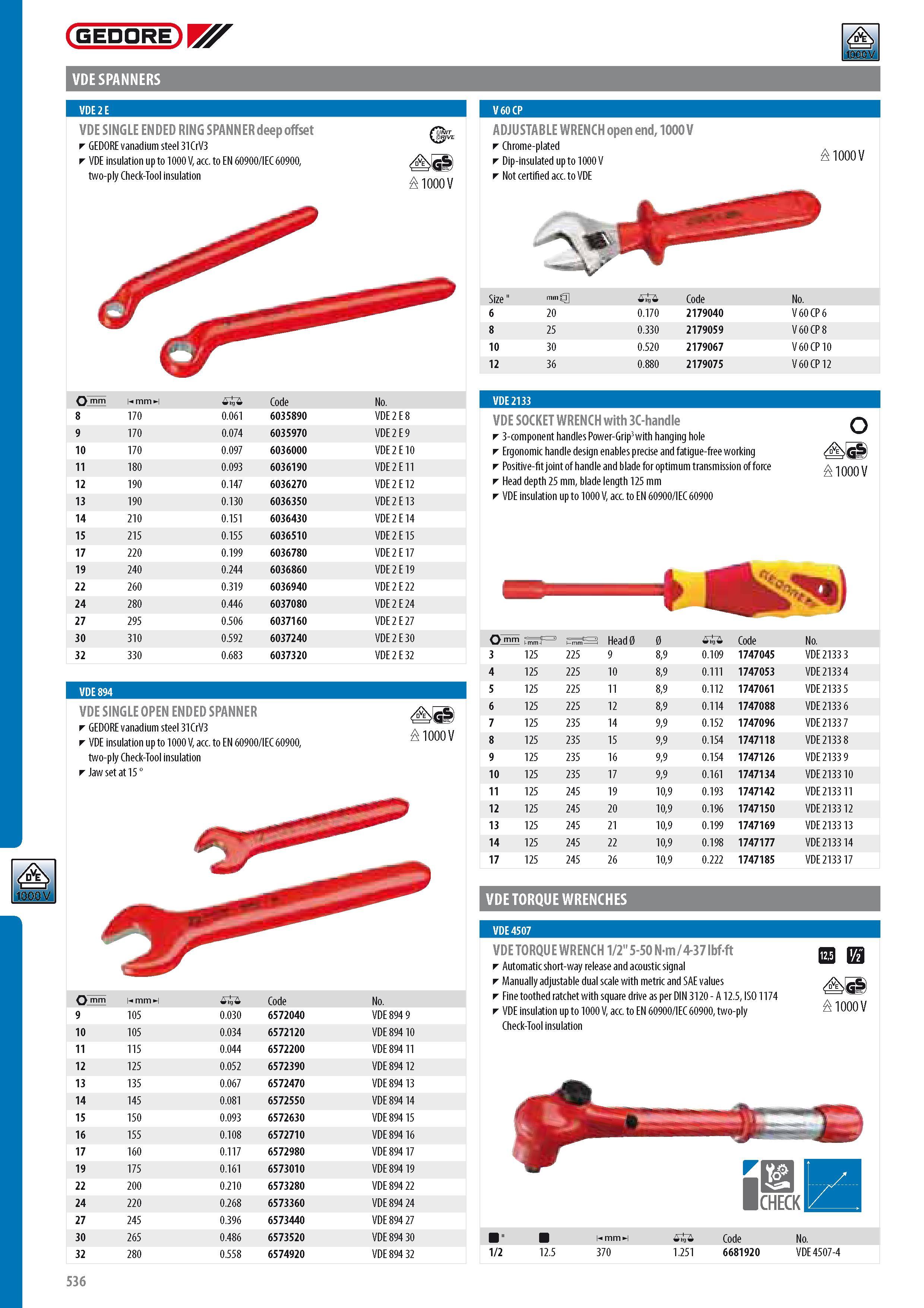 538 GEDORE VDESPANNERS VDE SINGLE ENDED RING SPANNER deep offset GEDORE vanadium steel 31CrV3 VDE insulation up to 1000 V acc to EN 60900 IEC 60900 two-ply Che Каталог GEDORE 2014 Профессиональный слесарный инструмент и оборудование для мастерских и машиностроительных производств Стр. 536 ENG