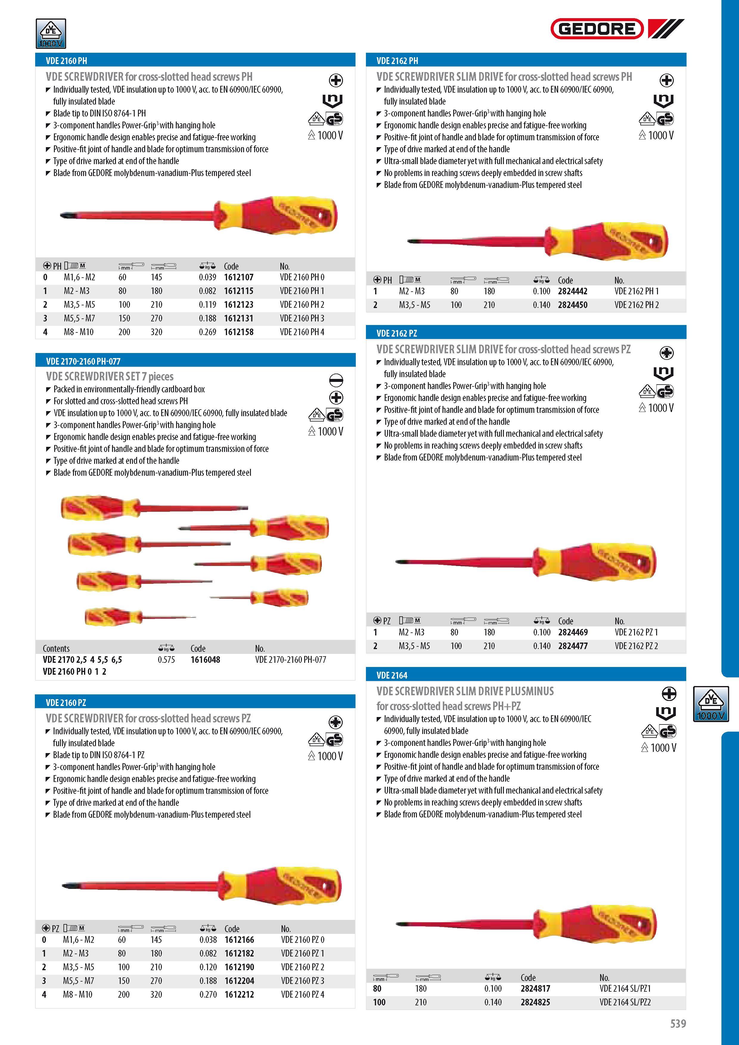 541 GEDORE VDE 2160 PH VDE SCREWDRIVER for cross-slotted head screws PH Individually tested VDE insulation up to 1000 V acc to EN 60900 IEC 60900 fully insulat Каталог GEDORE 2014 Профессиональный слесарный инструмент и оборудование для мастерских и машиностроительных производств Стр. 539 ENG