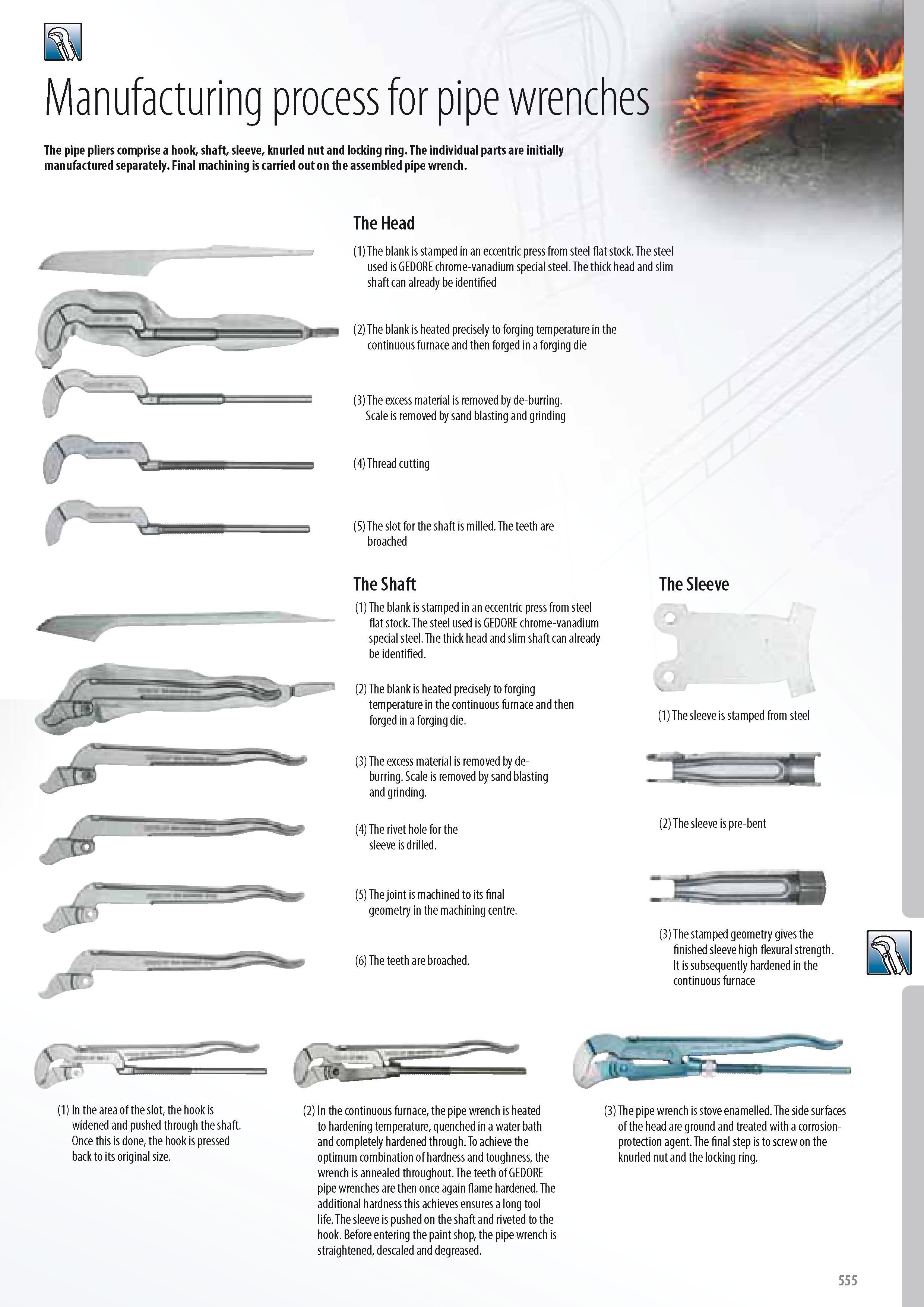 557 Manufacturing process for pipe wrenches The pipe pliers comprise a hook shaft sleeve knurled nut and locking ring The individual parts are initially manufa Каталог GEDORE 2014 Профессиональный слесарный инструмент и оборудование для мастерских и машиностроительных производств Стр. 555 ENG