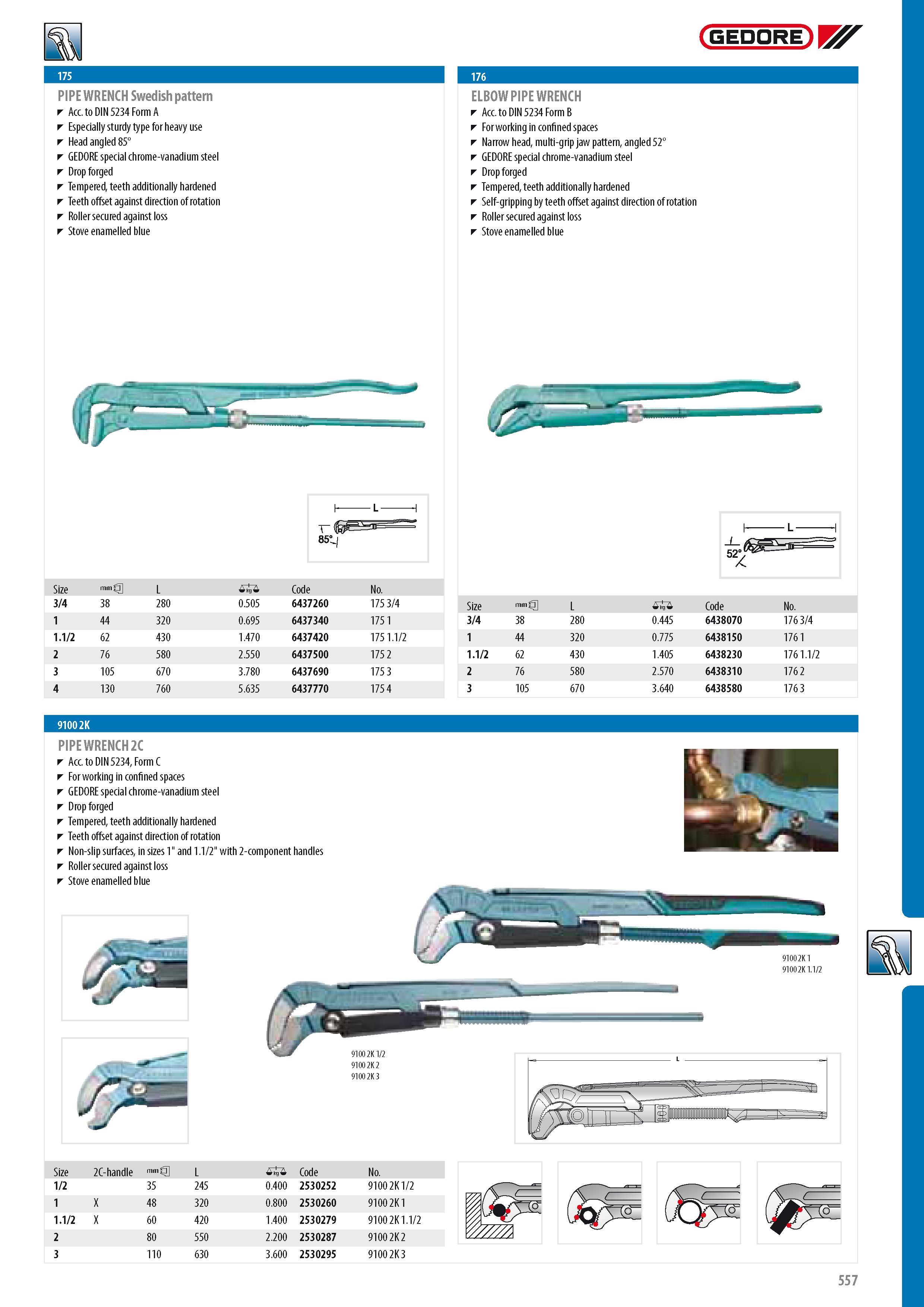 559 GEDORE PIPE WRENCH Swedish pattern Acc to DIN 5234 Form A Especially sturdy type for heavy use Head angled 85 GEDORE special chrome-vanadium steel Drop for Каталог GEDORE 2014 Профессиональный слесарный инструмент и оборудование для мастерских и машиностроительных производств Стр. 557 ENG