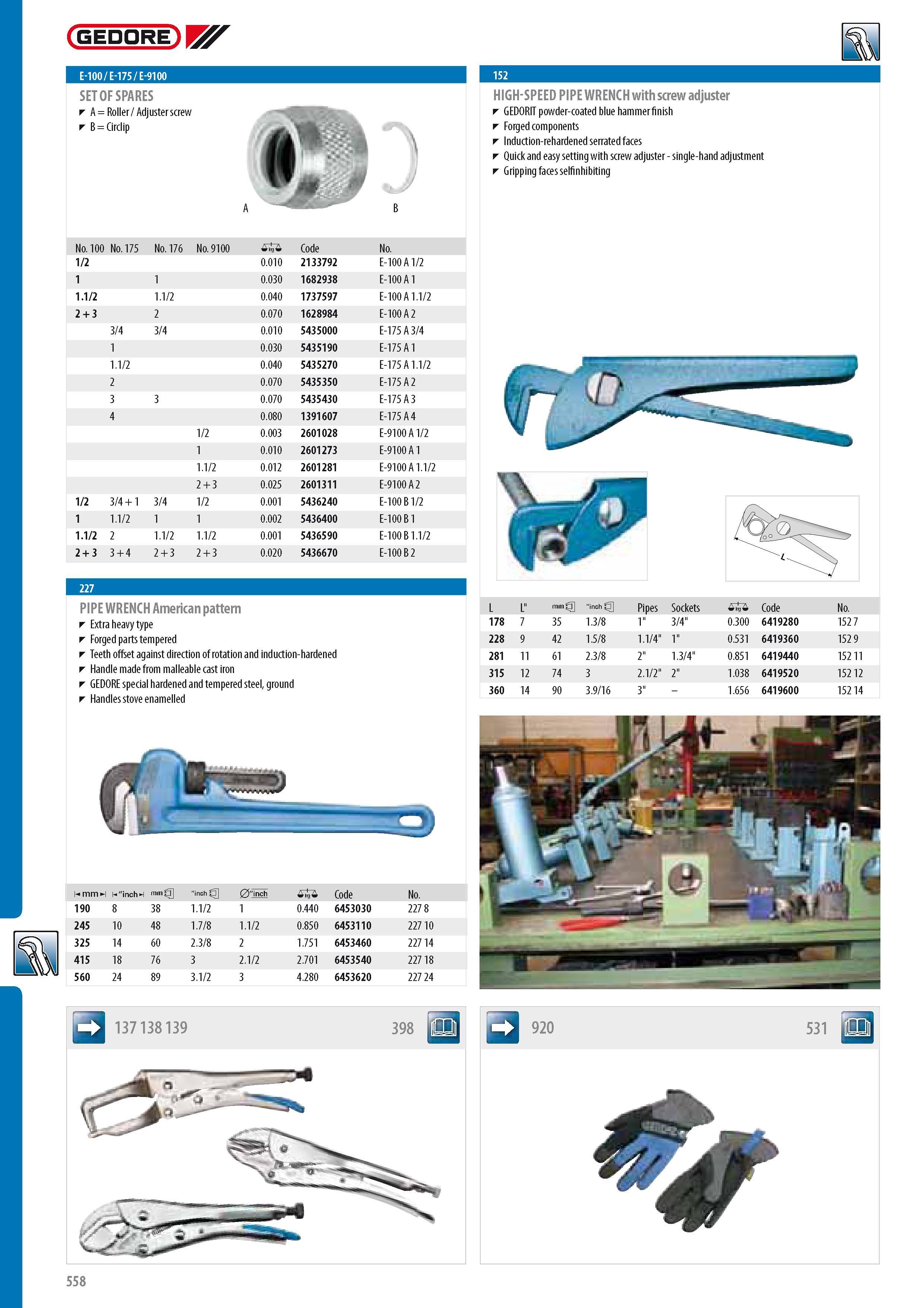 560 GEDORE E-100 E-175 E-9100 SET OF SPARES A Roller Adjuster screw B Circlip ft a HIGH-SPEED PIPE WRENCH with screw adjuster GEDORIT powder-coated blue hammer Каталог GEDORE 2014 Профессиональный слесарный инструмент и оборудование для мастерских и машиностроительных производств Стр. 558 ENG