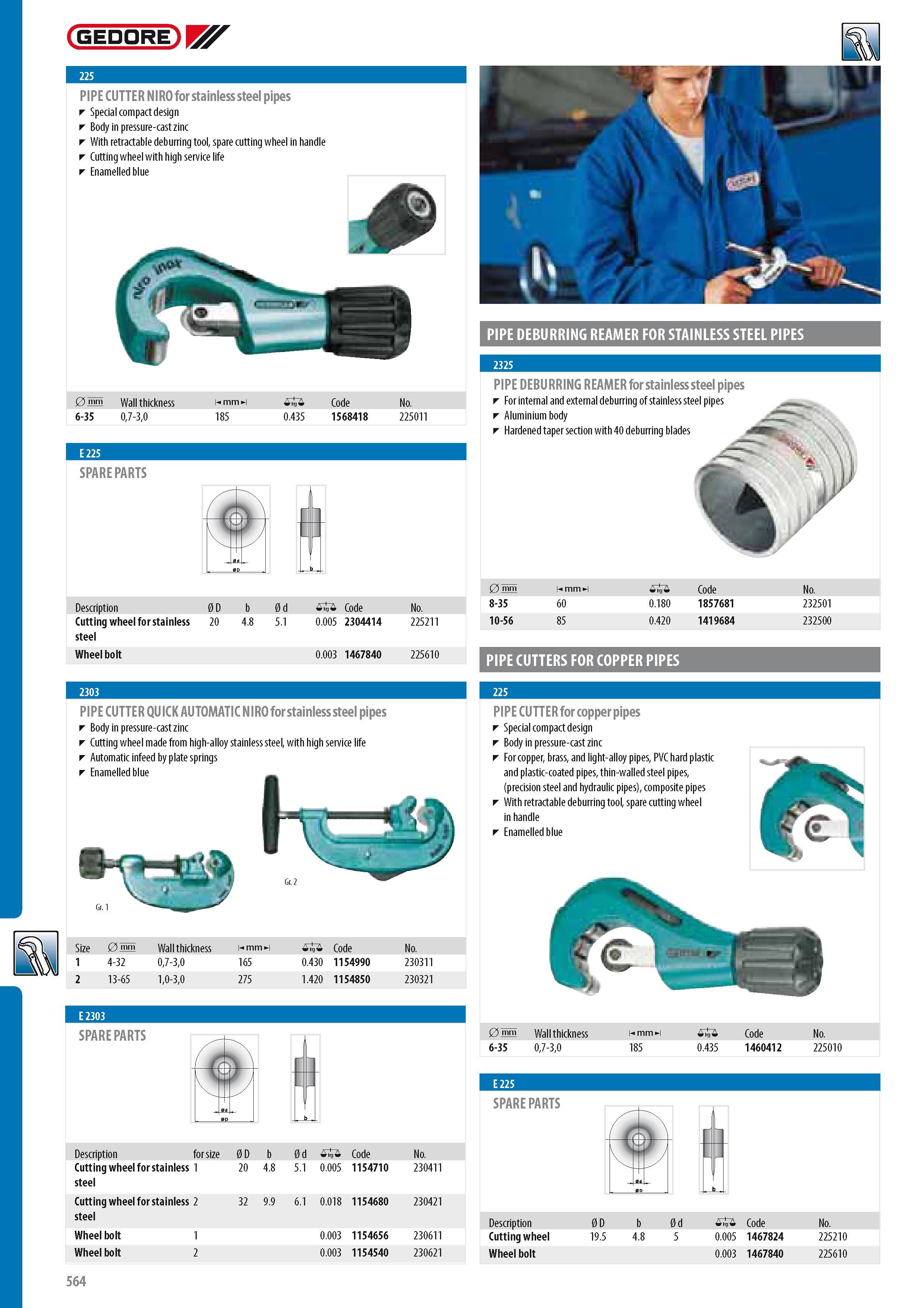 566 GEDORE PIPE CUTTER NIRO for stainless steel pipes Special compact design Body in pressure-cast zinc With retractable deburring tool spare cutting wheel in Каталог GEDORE 2014 Профессиональный слесарный инструмент и оборудование для мастерских и машиностроительных производств Стр. 564 ENG