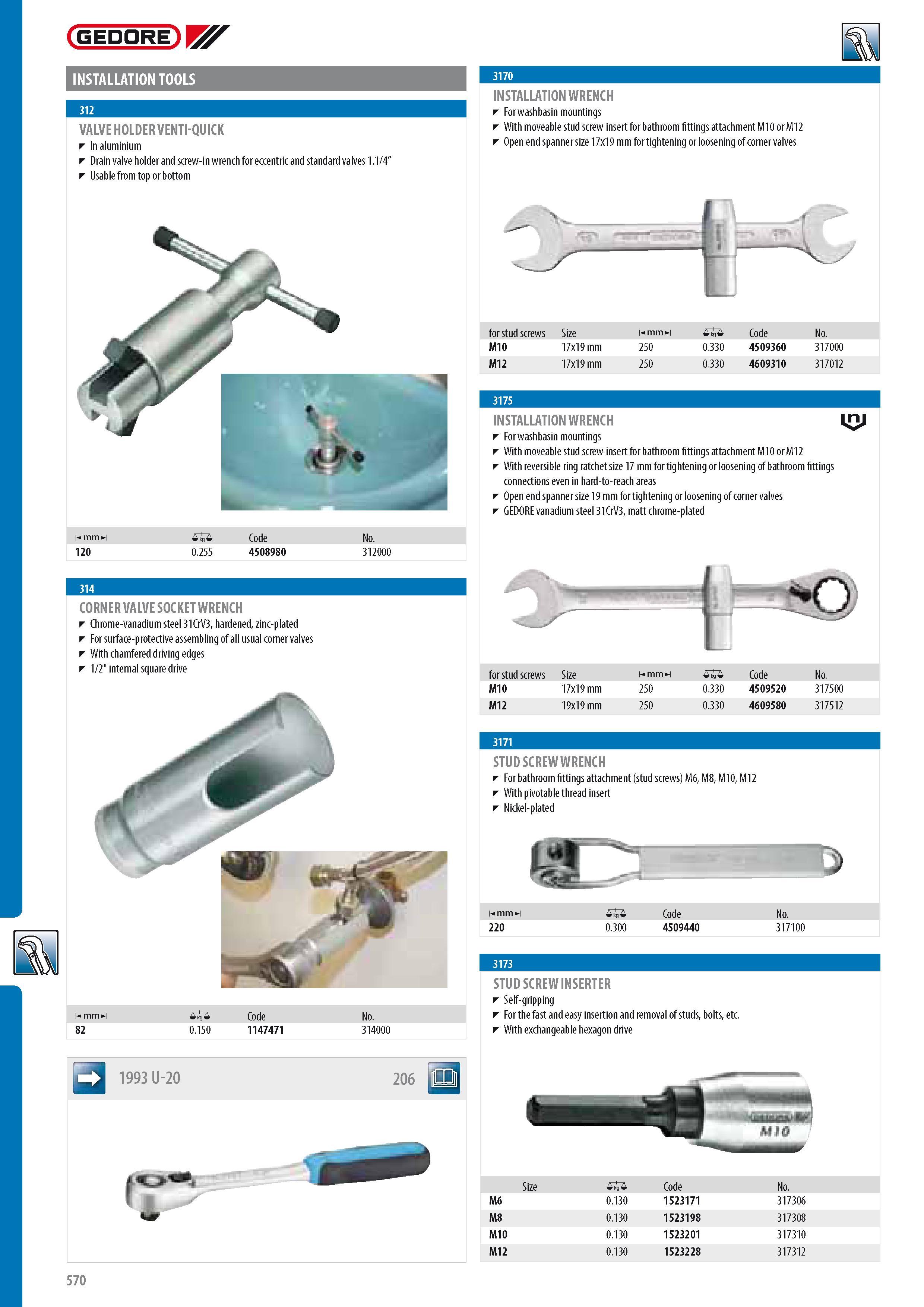 572 GEDORE INSTALLATION TOOLS 312 VALVE HOLDER VENTI-QUICK In aluminium Drain valve holder and screw-in wrench for eccentric and standard valves 1 1 4 Usable f Каталог GEDORE 2014 Профессиональный слесарный инструмент и оборудование для мастерских и машиностроительных производств Стр. 570 ENG