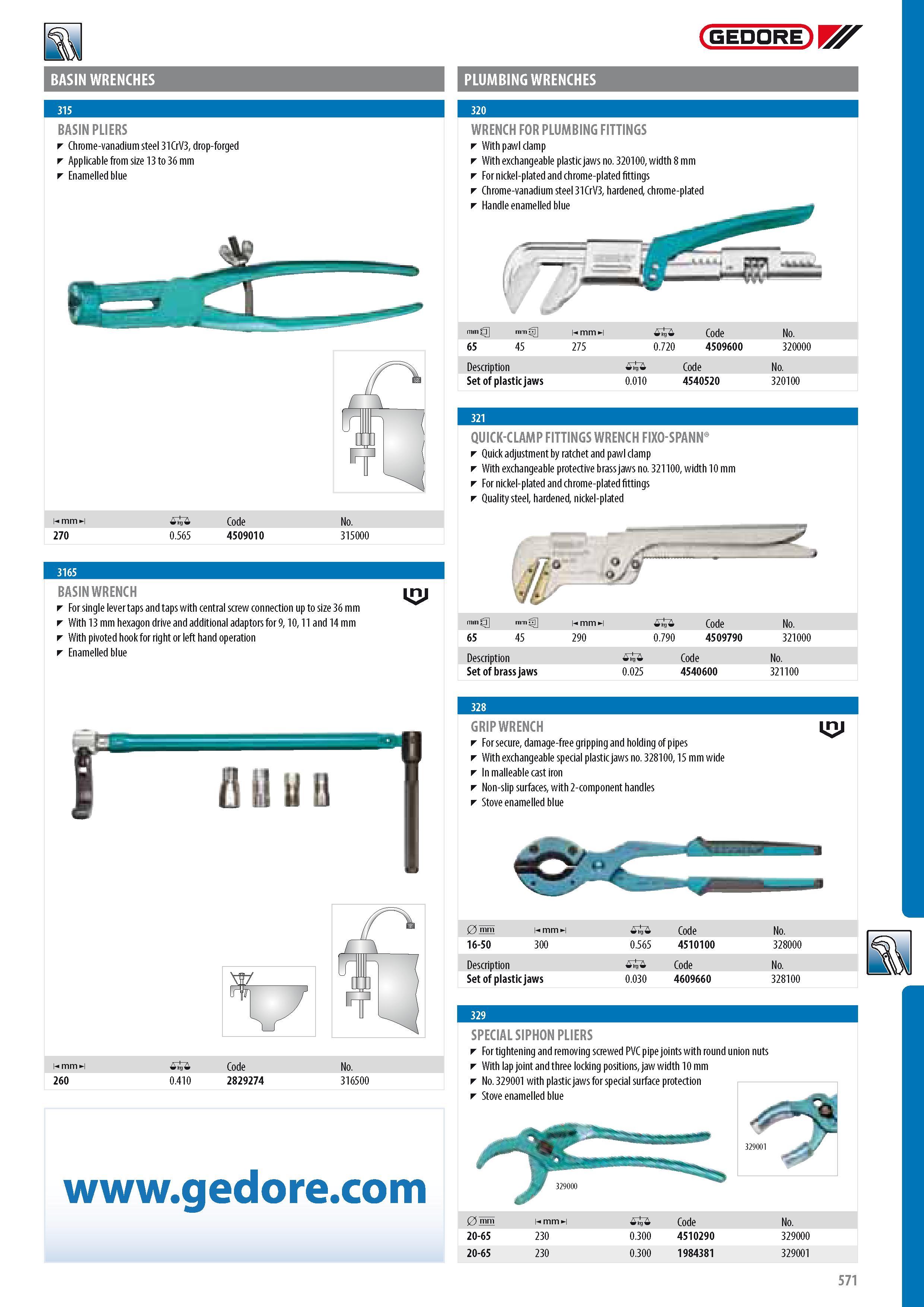 573 BASIN WRENCHES GEDORE PLUMBING WRENCHES BASIN PLIERS Chrome-vanadium steel 31CrV3 drop-forged Applicable from size 13 to 36 mm Enamelled blue m 0 Code No 2 Каталог GEDORE 2014 Профессиональный слесарный инструмент и оборудование для мастерских и машиностроительных производств Стр. 571 ENG