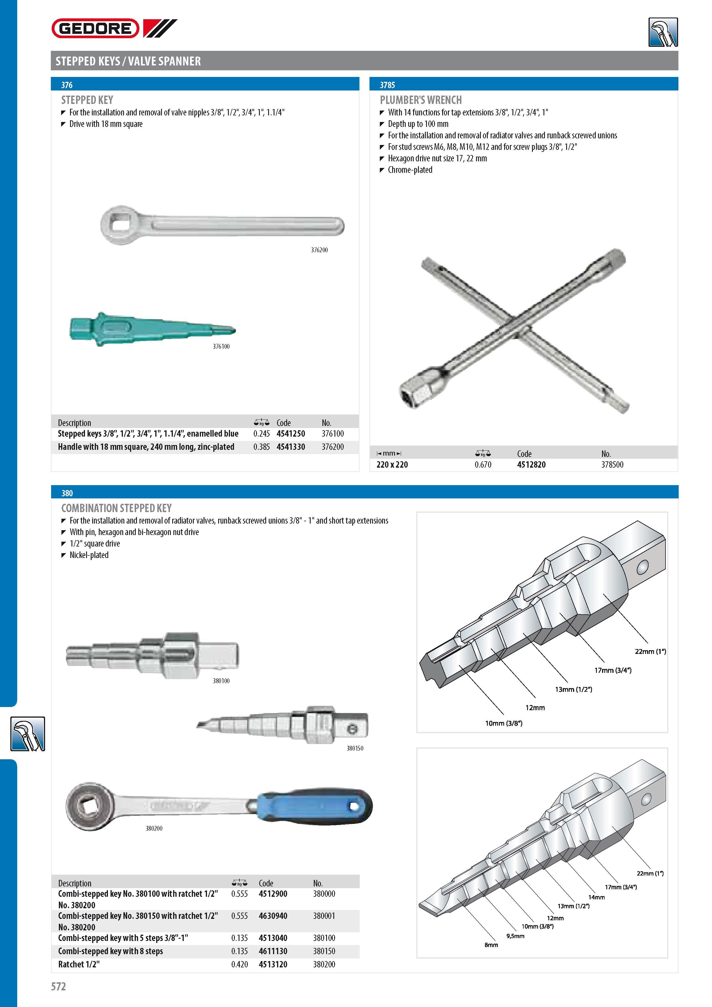 574 GEDORE STEPPED KEYS VALVE SPANNER STEPPED KEY For the installation and removal of valve nipples 3 8 1 2 3 4 1 1 1 4 Drive with 18 mm square PLUMBER'S WRENC Каталог GEDORE 2014 Профессиональный слесарный инструмент и оборудование для мастерских и машиностроительных производств Стр. 572 ENG