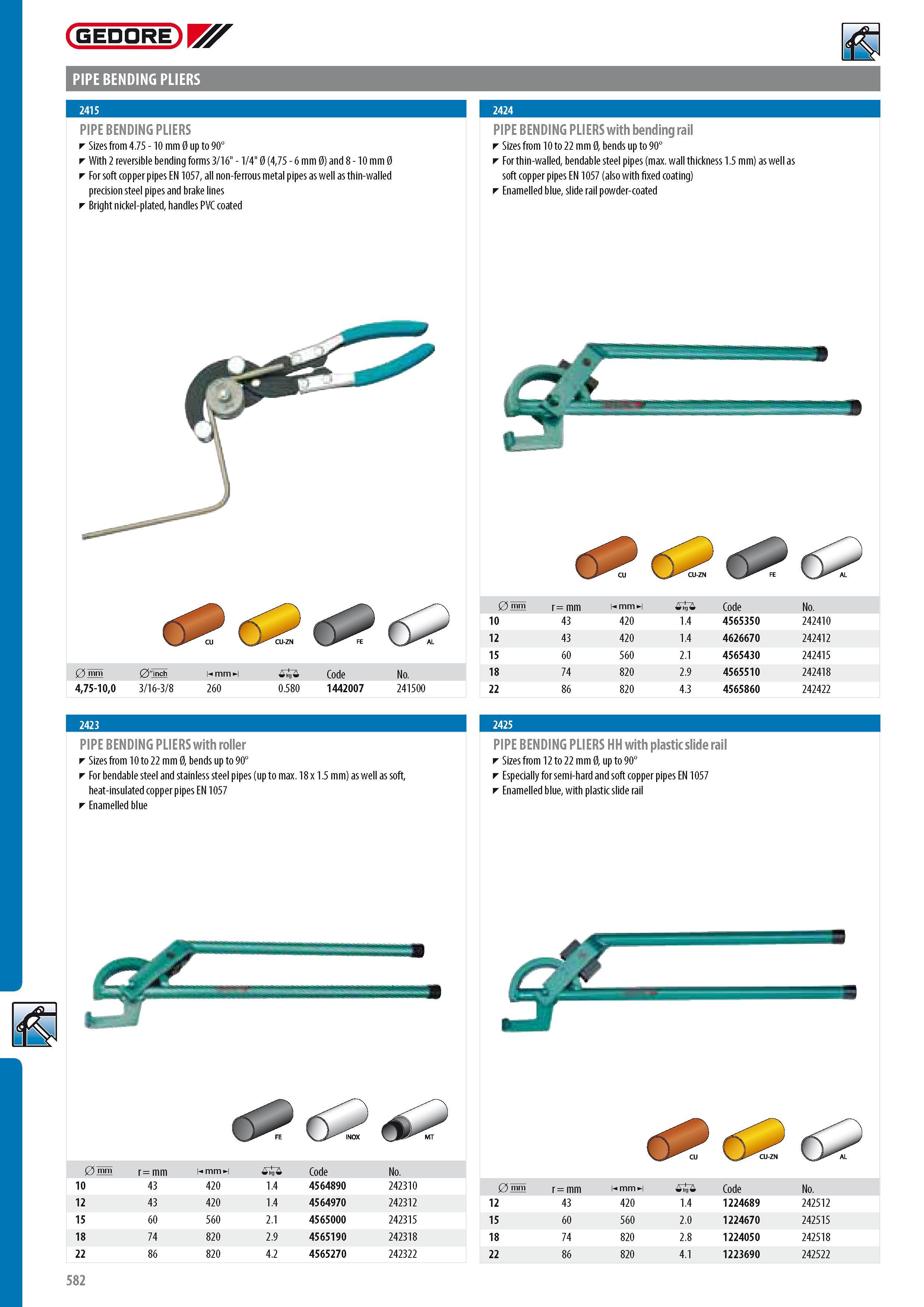 584 GEDORE PIPE BENDING PLIERS PIPE BENDING PLIERS Sizes from 4 75 - 10 mm 0 up to 90 With 2 reversible bending forms 3 16 - 1 4 0 (475 - 6 mm 0) and 8 - 10 mm Каталог GEDORE 2014 Профессиональный слесарный инструмент и оборудование для мастерских и машиностроительных производств Стр. 582 ENG