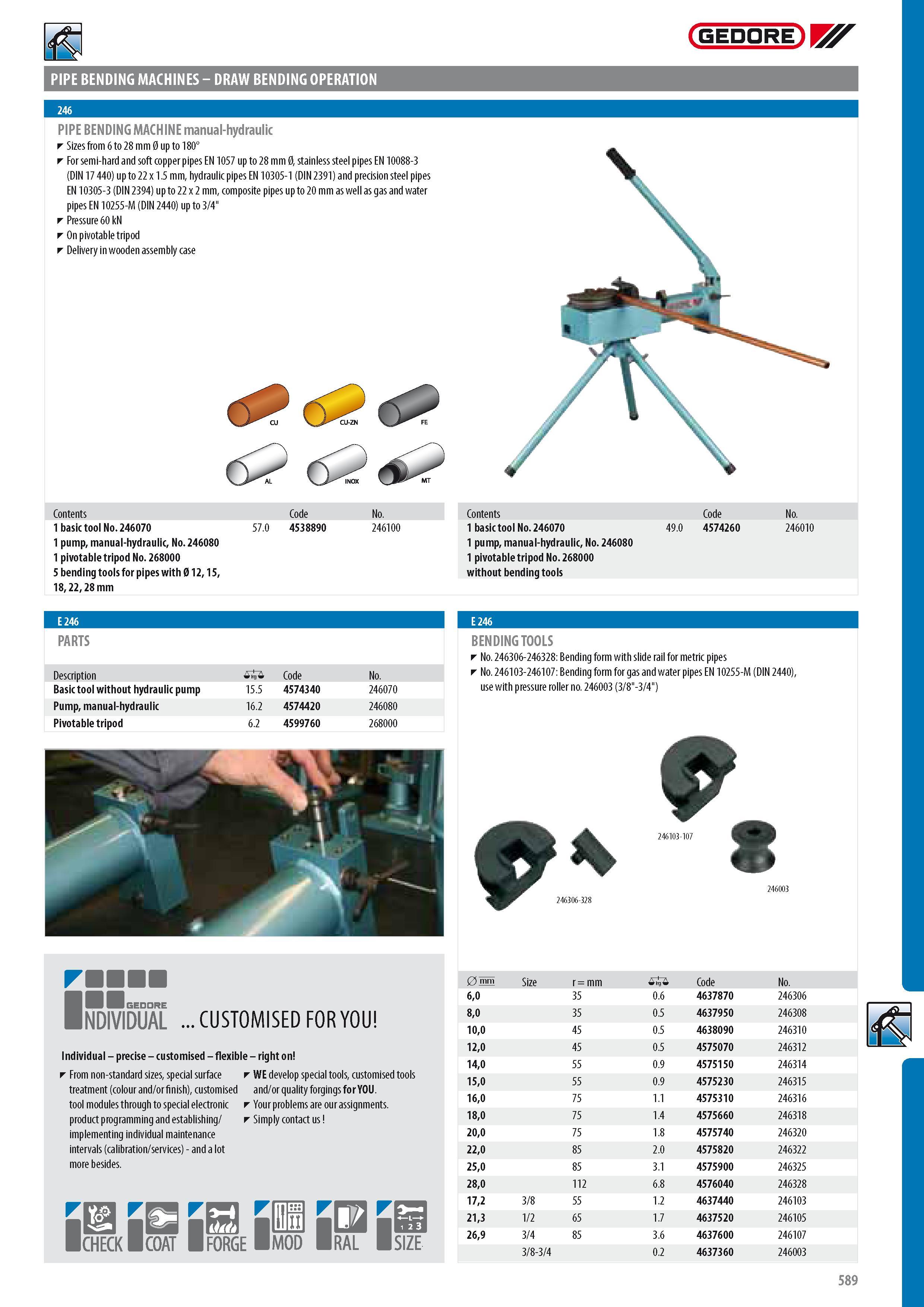 591 GEDORE PIPE BENDING MACHINES - DRAW BENDING OPERATION PIPE BENDING MACHINE manual-hydraulic Sizes from 6 to 28 mm 0 up to 180 For semi-hard and soft copper Каталог GEDORE 2014 Профессиональный слесарный инструмент и оборудование для мастерских и машиностроительных производств Стр. 589 ENG