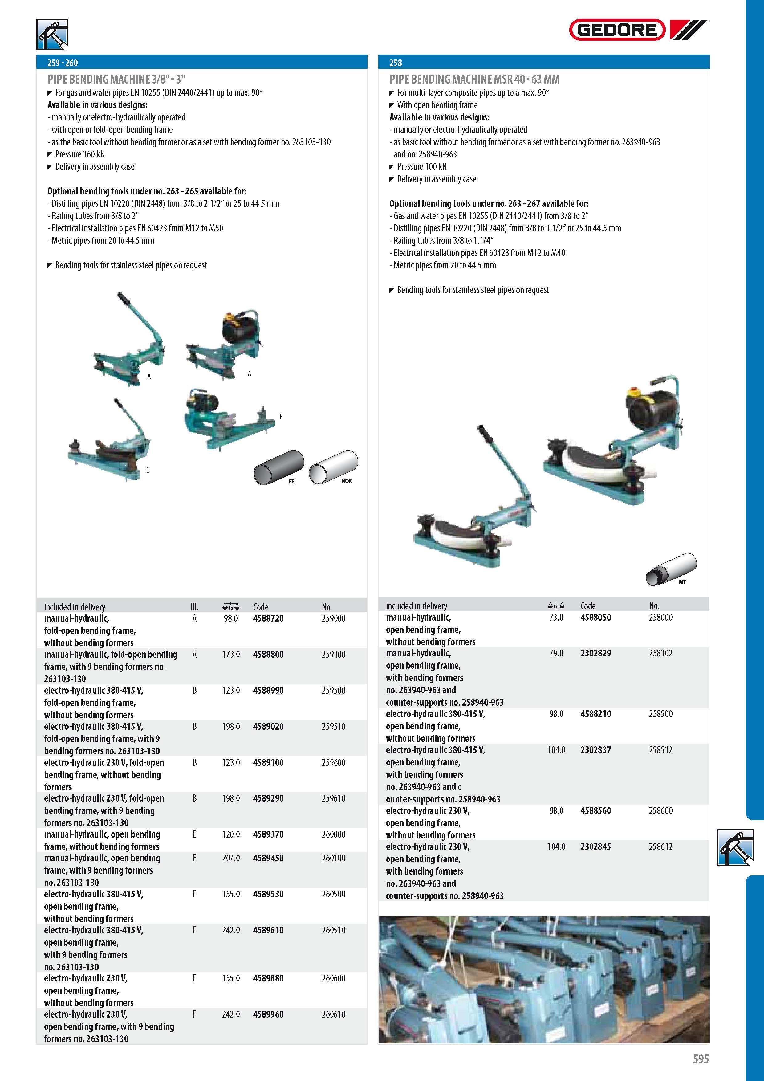 597 GEDORE PIPE BENDING MACHINE 3 8 - 3 For gas and water pipes EN 10255 (DIN 2440 2441) up to max 90 Available in various designs - manually or electro-hydrau Каталог GEDORE 2014 Профессиональный слесарный инструмент и оборудование для мастерских и машиностроительных производств Стр. 595 ENG