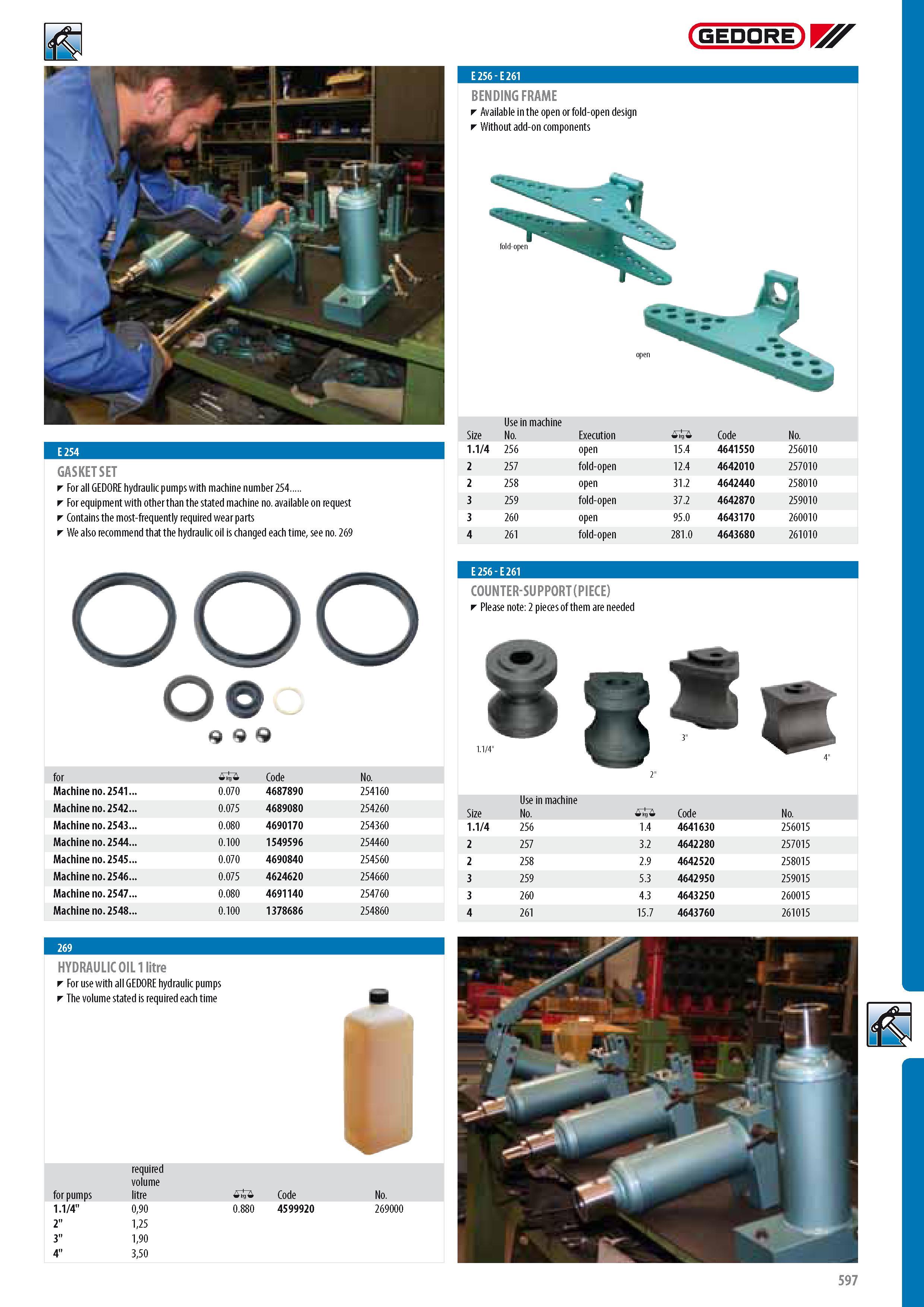 599 GEDORE E256 -E261 BENDING FRAME Available in the open or fold-open design Without add-on components fold-open GASKET SET For all GEDORE hydraulic pumps wit Каталог GEDORE 2014 Профессиональный слесарный инструмент и оборудование для мастерских и машиностроительных производств Стр. 597 ENG
