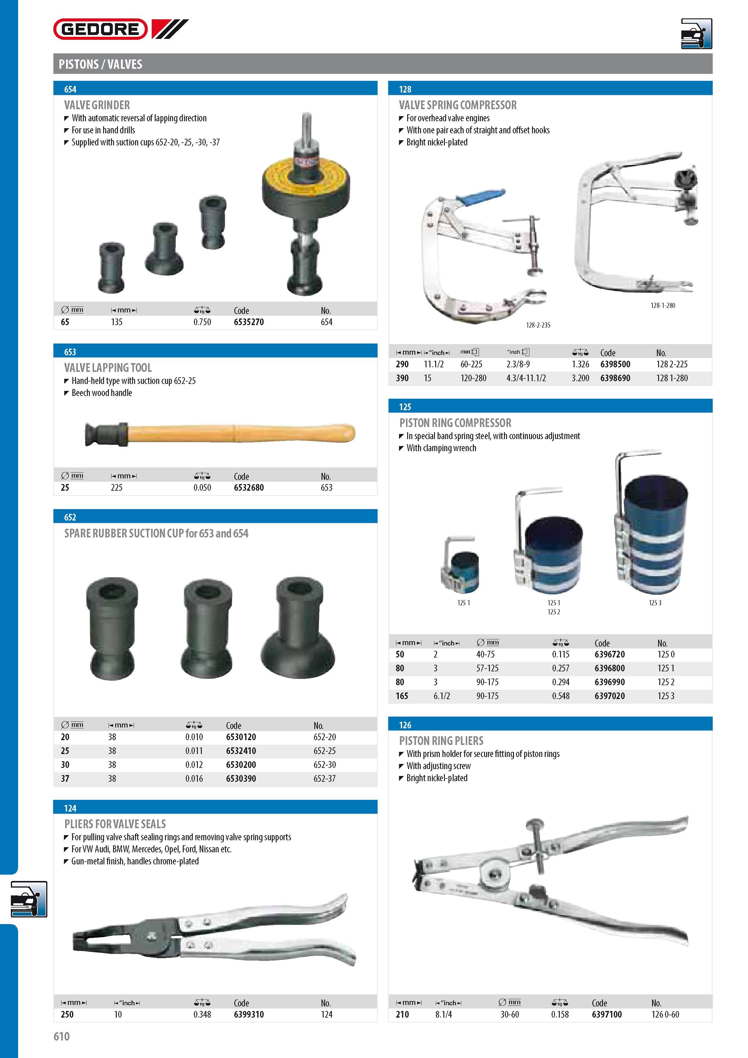 612 GEDORE PISTONS VALVES VALVE GRINDER With automatic reversal of lapping direction For use in hand drills Supplied with suction cups 652-20 -25 -30 -37 I I V Каталог GEDORE 2014 Профессиональный слесарный инструмент и оборудование для мастерских и машиностроительных производств Стр. 610 ENG