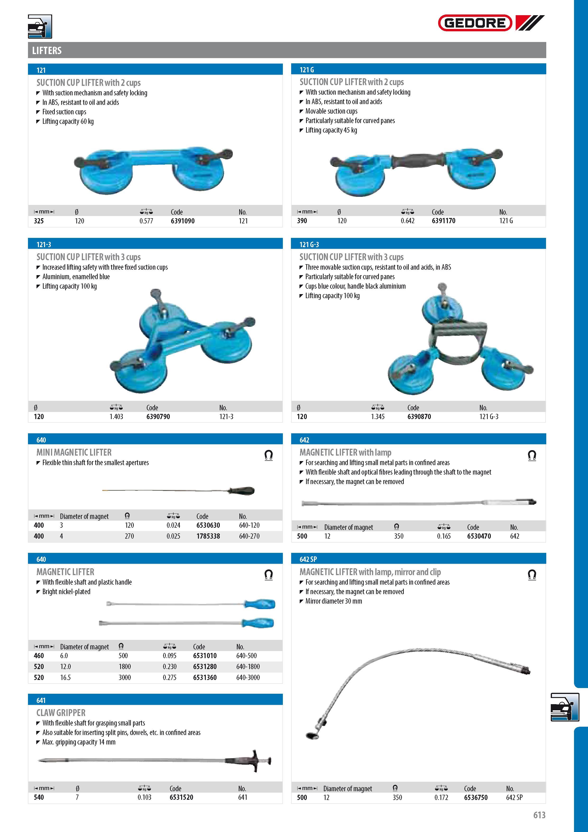 615 mm LIFTERS GEDORE SUCTION CUP LIFTER with 2 cups With suction mechanism and safety locking In ABS resistant to oil and acids Fixed suction cups Lifting cap Каталог GEDORE 2014 Профессиональный слесарный инструмент и оборудование для мастерских и машиностроительных производств Стр. 613 ENG