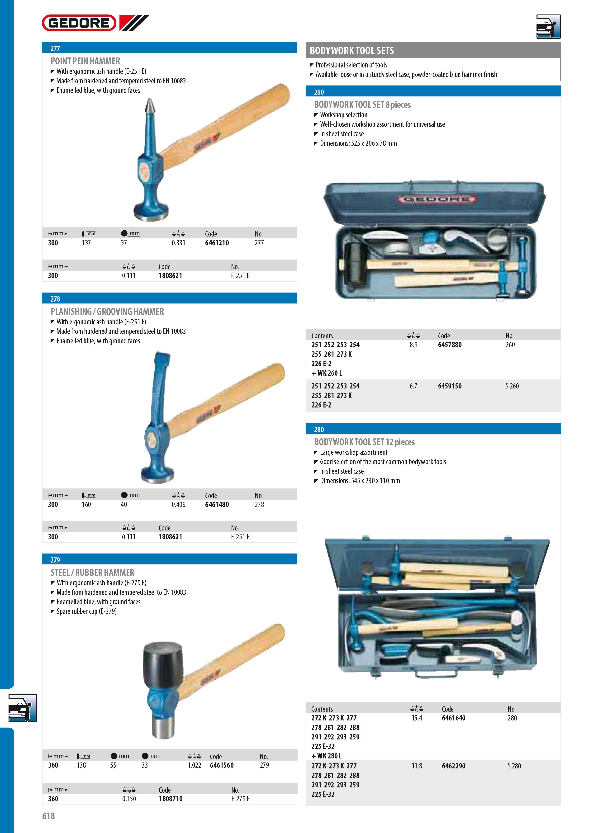 620 GEDORE POINT PEIN HAMMER With ergonomic ash handle (E-251 E) Made from hardened and tempered steel to EN 10083 Enamelled blue with ground faces PLANISHING Каталог GEDORE 2014 Профессиональный слесарный инструмент и оборудование для мастерских и машиностроительных производств Стр. 618 ENG