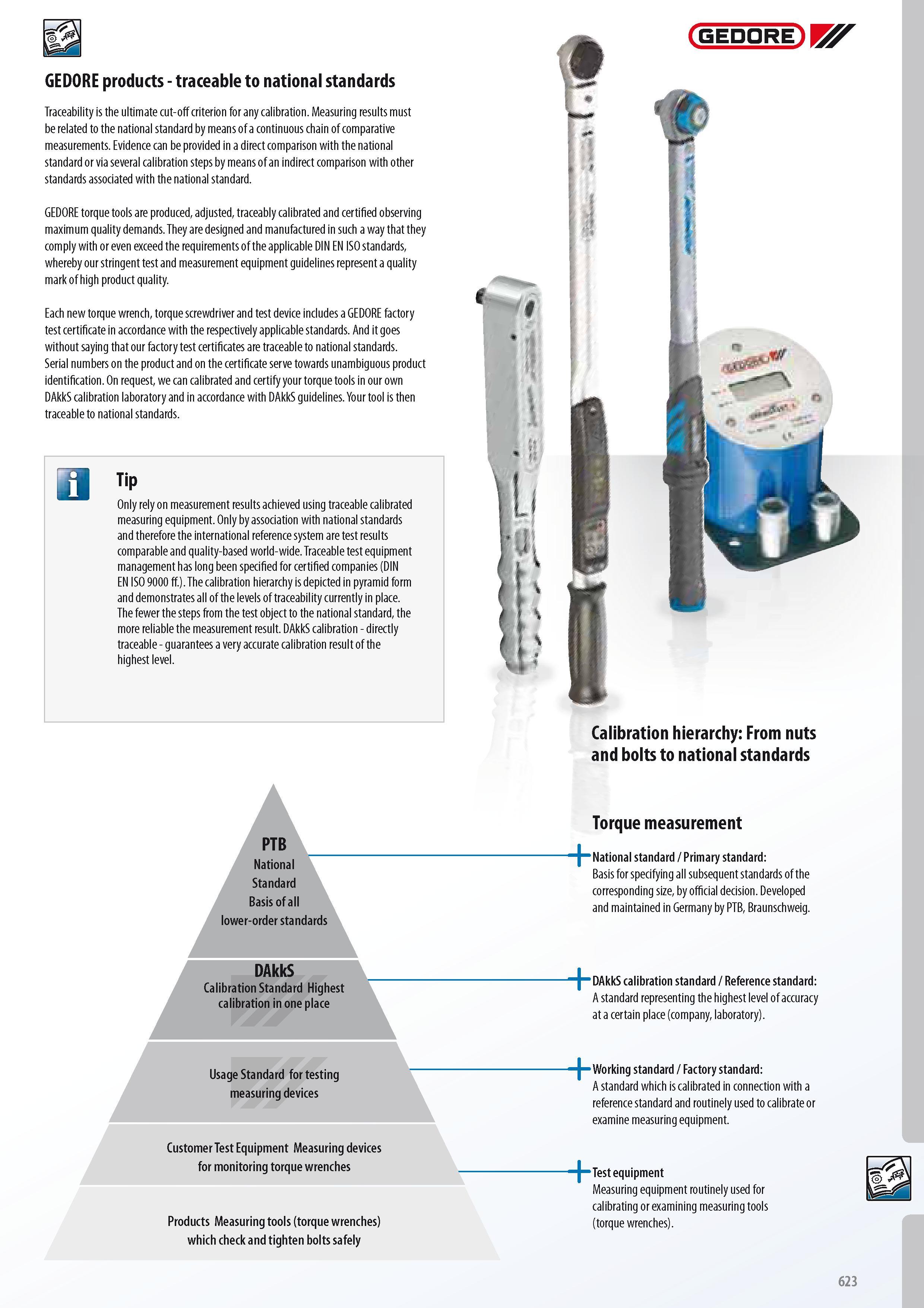 625 GEDORE GEDORE products - traceable to national standards Traceability is the ultimate cut-off criterion for any calibration Measuring results must be relat Каталог GEDORE 2014 Профессиональный слесарный инструмент и оборудование для мастерских и машиностроительных производств Стр. 623 ENG