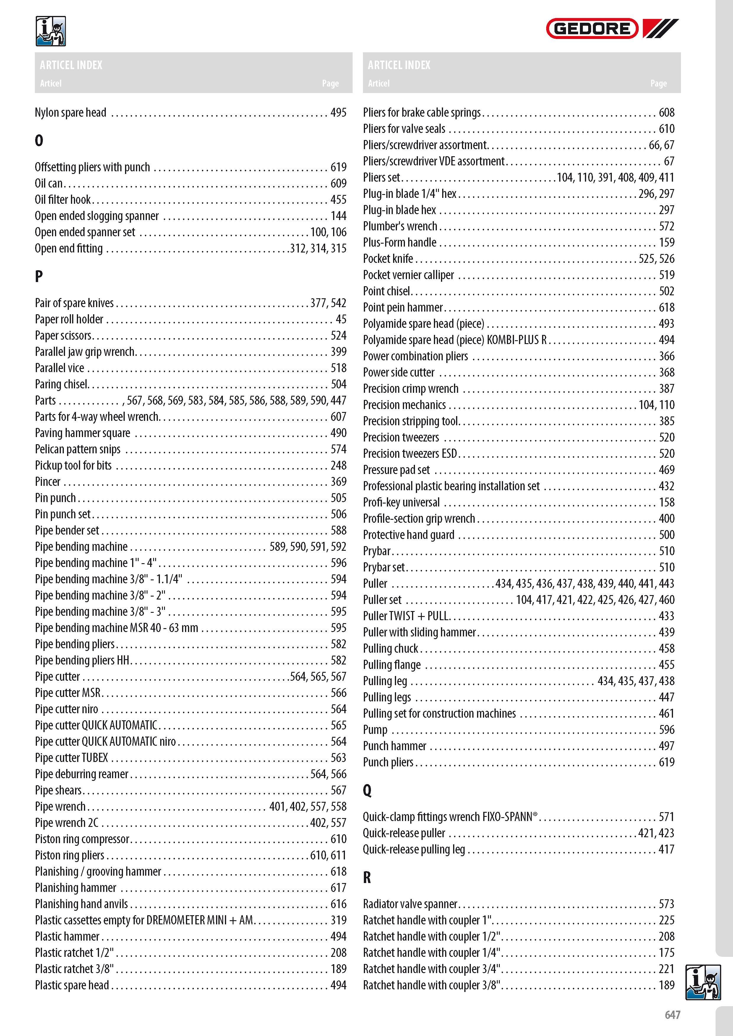 649 GEDORE Nylon spare head 495 Offsetting pliers with punch 619 Oilcan 609 Oil filter hook 455 Open ended slogging spanner 144 Open ended spanner set 100 106 Каталог GEDORE 2014 Профессиональный слесарный инструмент и оборудование для мастерских и машиностроительных производств Стр. 647 ENG