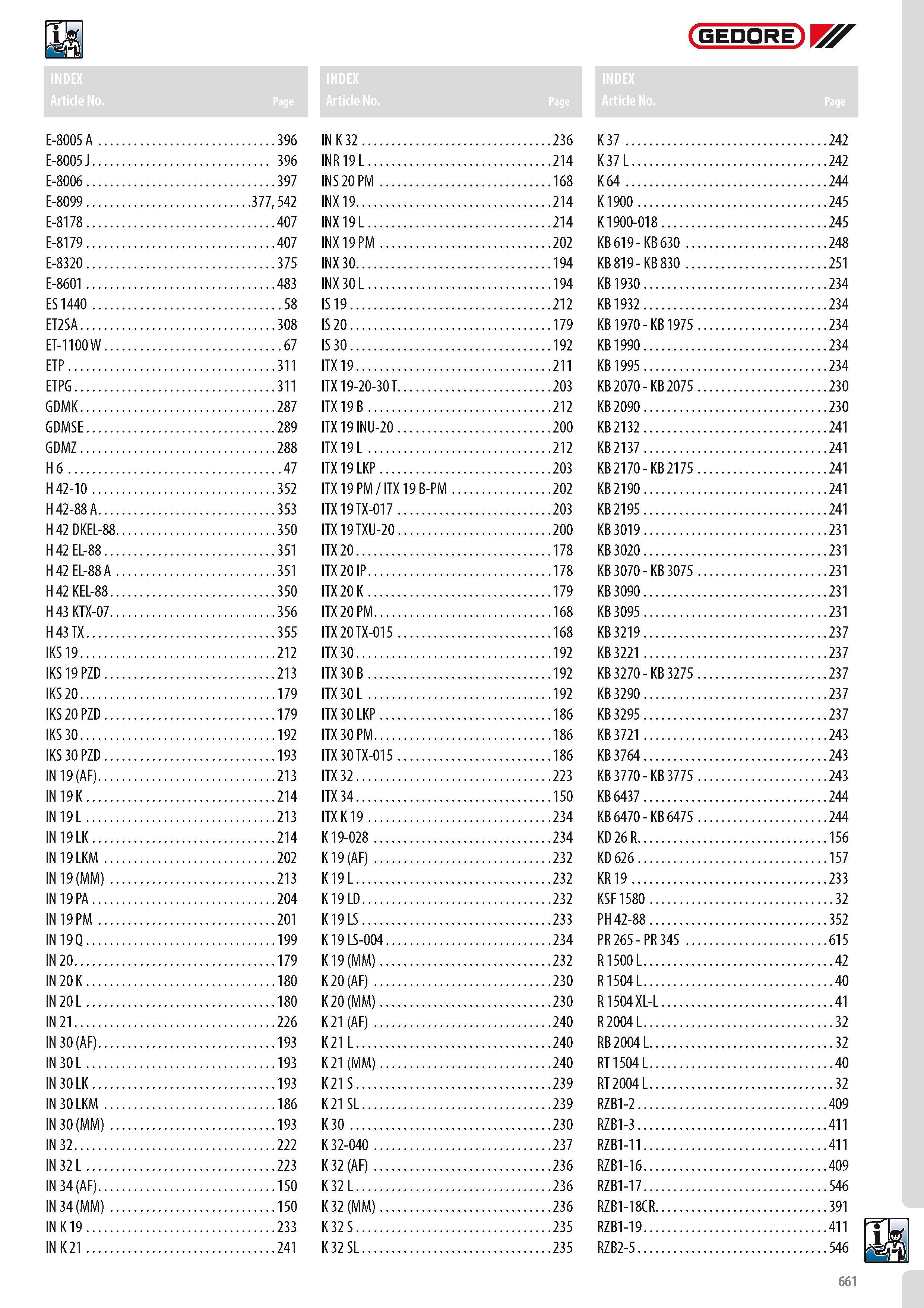 663 GEDORE E-8005 A 396 E-8005 J 396 E-8006 397 E-8099 377 542 E-8178 407 E-8179 407 E-8320 375 E-8601 483 ES 1440 58 ET2SA 308 ET-1100 W 67 ETP 311 ETPG 311 G Каталог GEDORE 2014 Профессиональный слесарный инструмент и оборудование для мастерских и машиностроительных производств Стр. 661 ENG