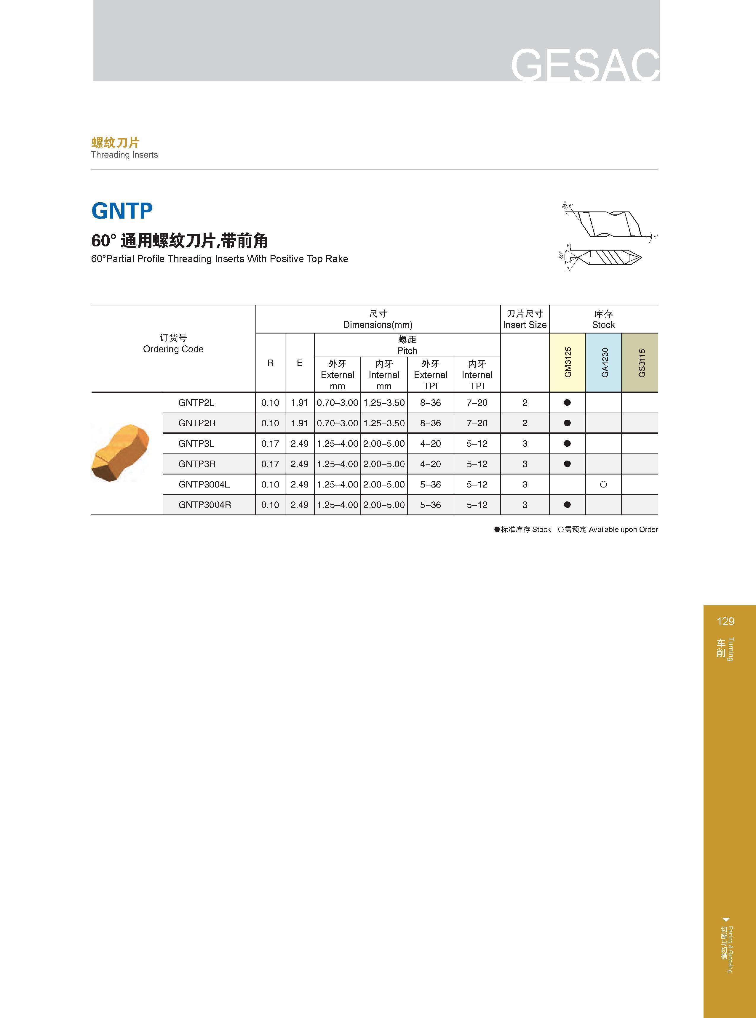135 螺纹刀片 Threading Inserts GNTP 60°通用螺纹刀片,带前角 60°Partial Profile Threading Inserts With Positive Top Rake sfe<Cl 订货号 Ordering Code Обозначение инструмента (к Каталог GESAC 2015 Металлорежущий инструмент для промышленного станочного оборудования Токарные резцы со сменными режущими пластинами Фрезы сборные и монолитные Сверла Стр. 129