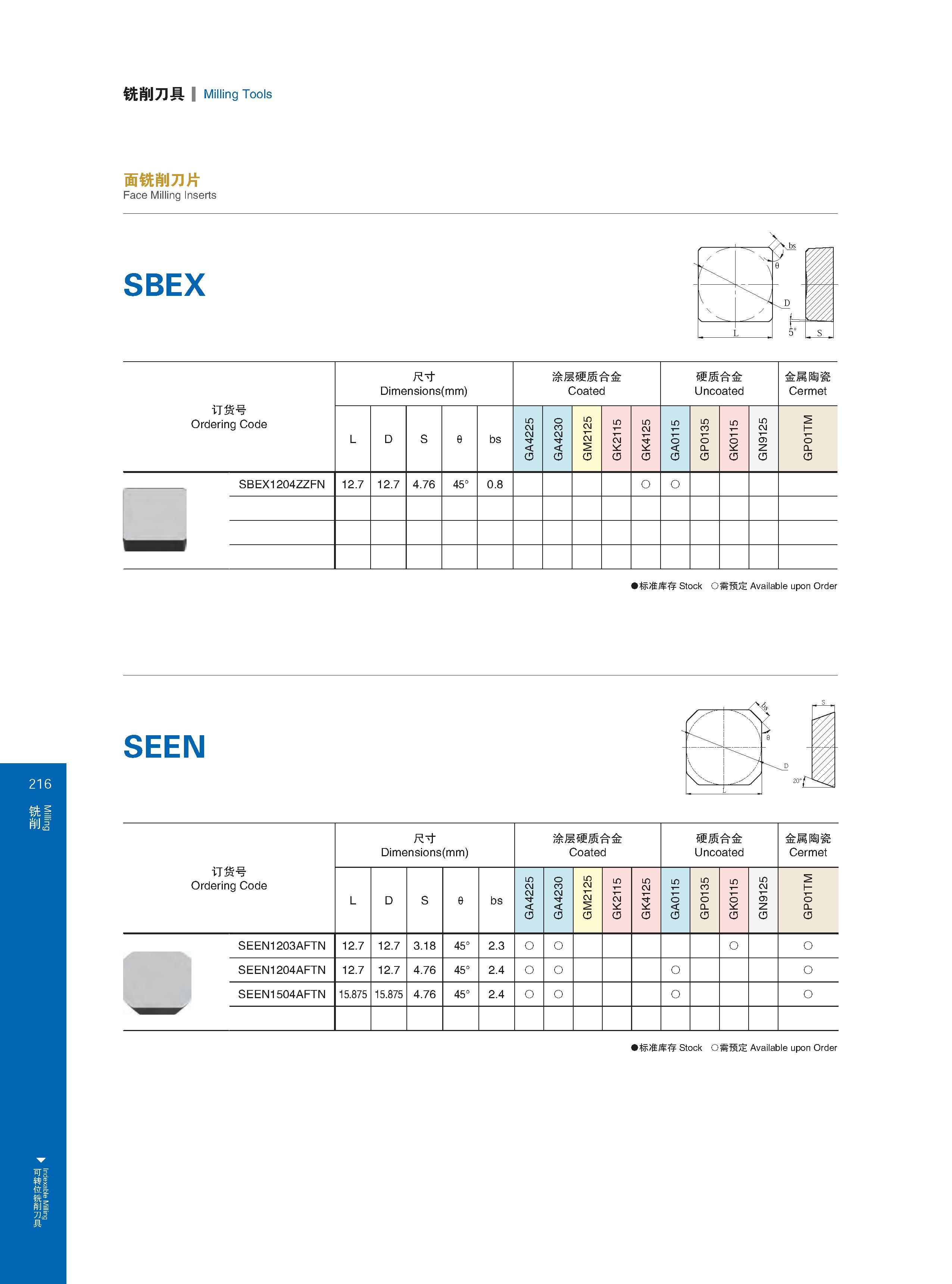 222 Indexable Milling 铣削刀具 Milling Tools 面铣削刀片 Face Milling Inserts SBEX / J \ V \ / 乂 订货号 Ordering Code Обозначение инструмента (код заказа) 尺寸 Dimensions ( Каталог GESAC 2015 Металлорежущий инструмент для промышленного станочного оборудования Токарные резцы со сменными режущими пластинами Фрезы сборные и монолитные Сверла Стр. 216