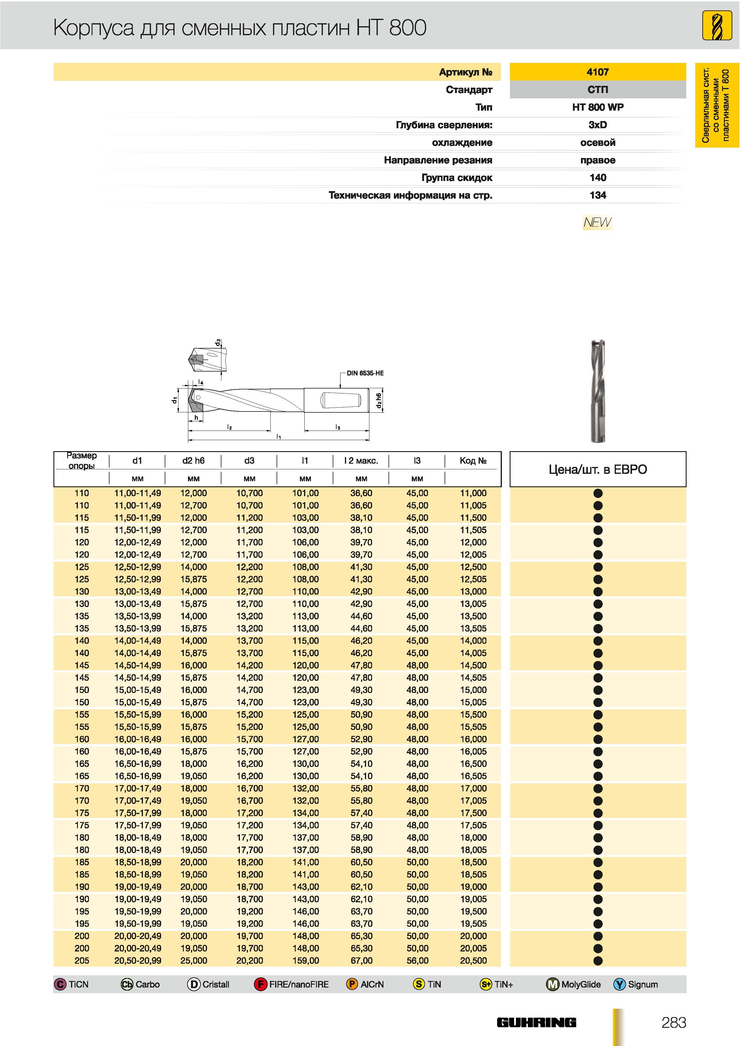 254 Корпуса Guhring для сменных пластин НТ 800 Артикул 4107 Стандарт СТП Тип HT800WP Глубина сверления 3xD охлаждение осевой Инструмент с правым направлен Каталог GUHRING 2012 Осевой режущий инструмент и станочная инструментальная оснастка Стр. 283