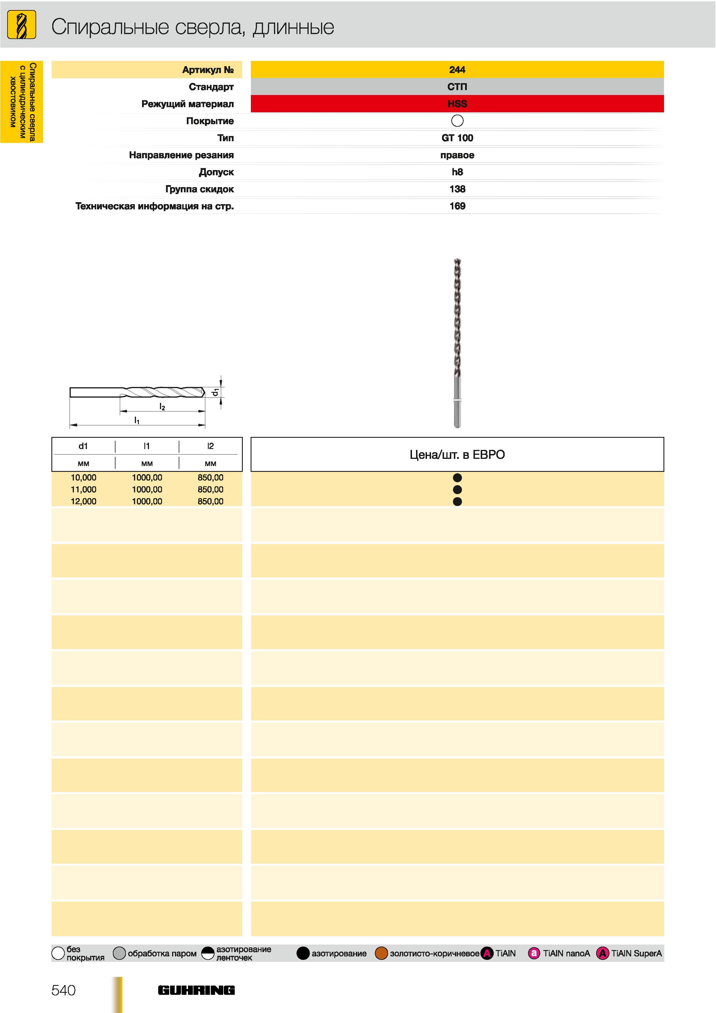 511 Спиральные сверла Guhring с цилиндрическим хвостовиком длинные Артикул Стандарт Режущий материал Покрытие Тип Направление резания Допуск Группа скидок Каталог GUHRING 2012 Осевой режущий инструмент и станочная инструментальная оснастка Стр. 540