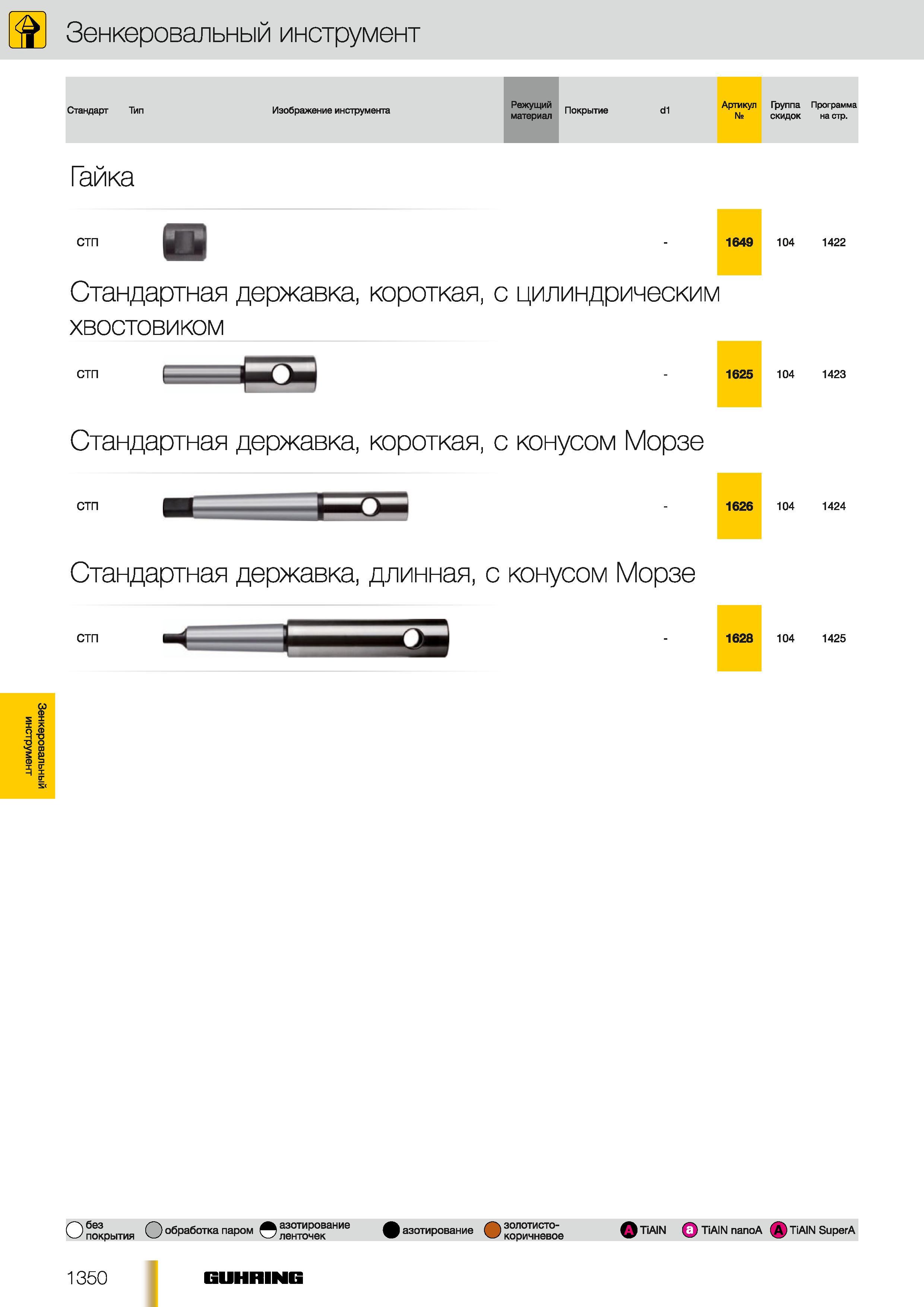 1321 Зенкеровальный инструмент Guhring Стандарт Тип Изображение инструмента Режущий материал Покрытие d1 Артикул Группа скидок Программа на стр Гайка стп 6 Каталог GUHRING 2012 Осевой режущий инструмент и станочная инструментальная оснастка Стр. 1350