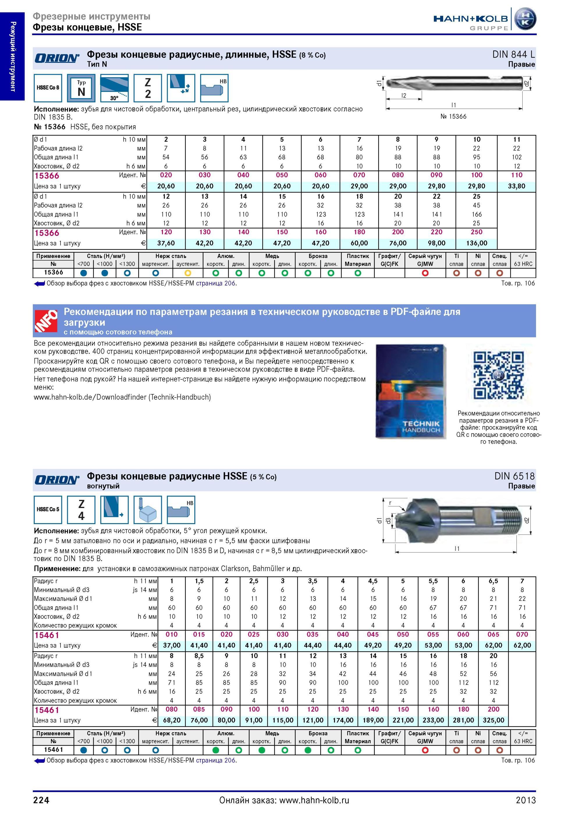 224 Фрезы концевые радиусные Hahn+Kolb длинные, HSSE (8 Co) Тип N DIN 844 L Правые Typ N Z 2 Исполнение зубья для чистовой обработки, центральный рез, цил Каталог HAHN-KOLB 2013 Режущий измерительный слесарно-монтажный инструмент и станочная оснастка Мебель Стр. 224