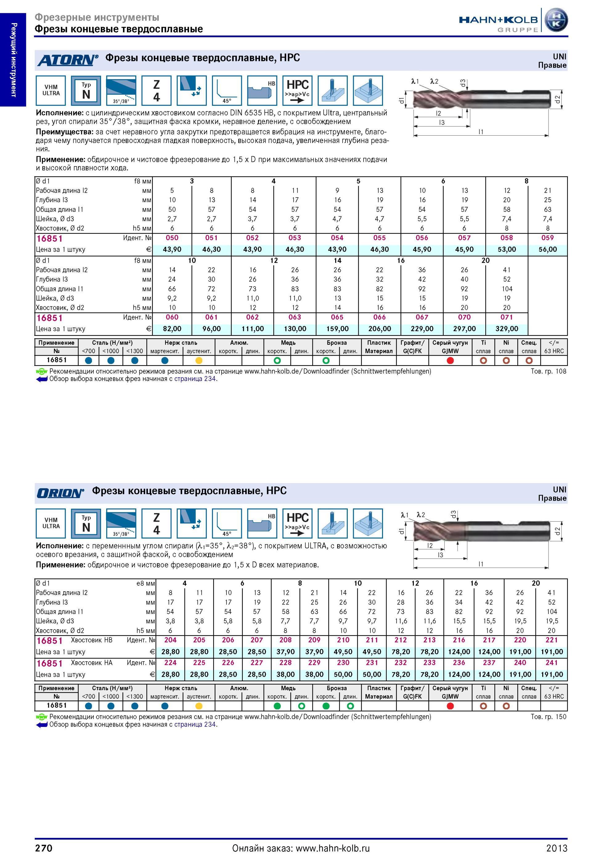 270 Фрезы концевые твердосплавные Hahn Kolb HPC VHM ULTRA Typ N Z 4 HPC ap Vc UNI Правые Исполнение с цилиндрическим хвостовиком согласно DIN 6535 HB, с п Каталог HAHN-KOLB 2013 Режущий измерительный слесарно-монтажный инструмент и станочная оснастка Мебель Стр. 270