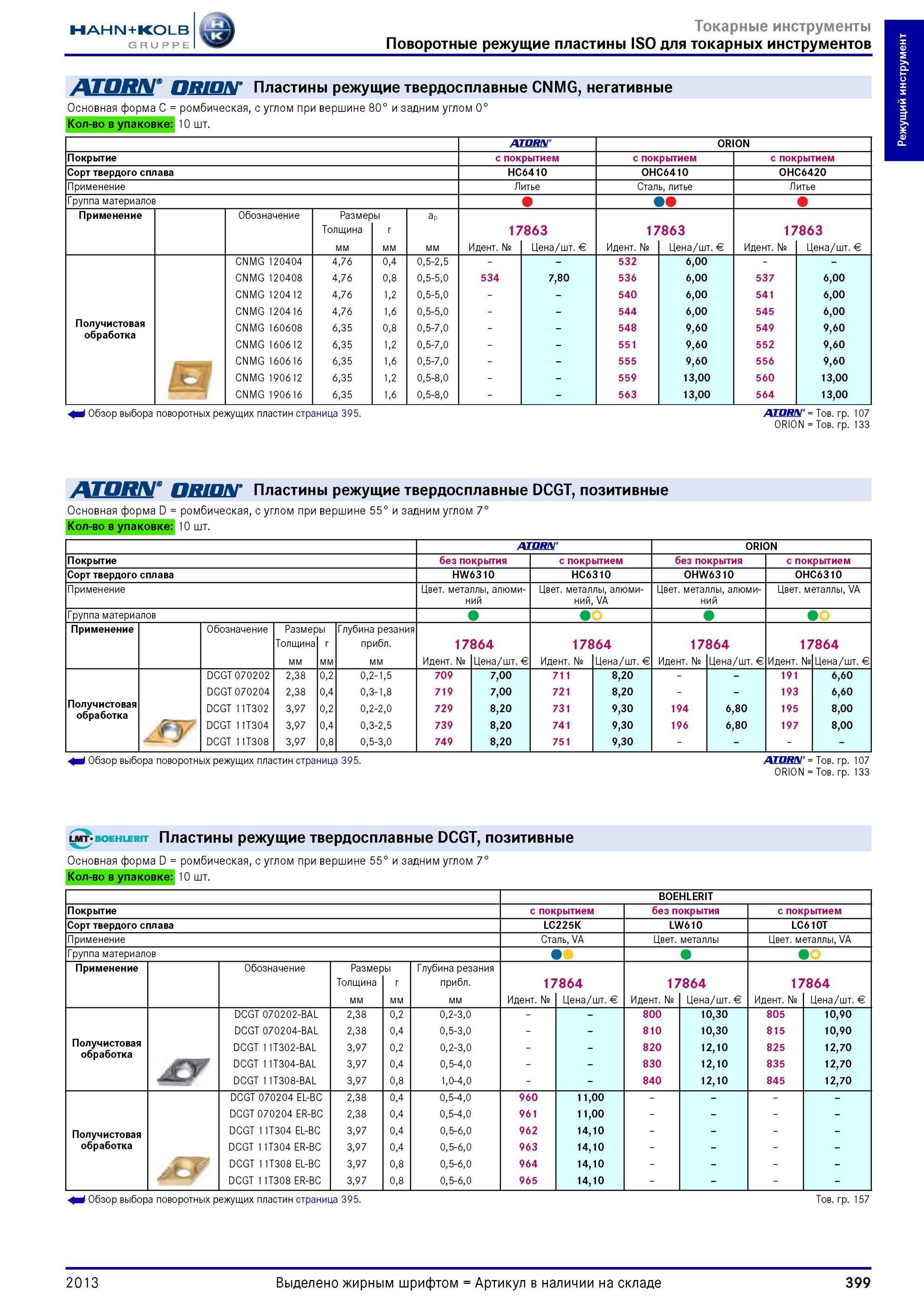 399 Твердосплавные токарные режущие пластины Atorn CNMG 120408 HC6410 для получистового точения чугуна Двусторонние ромбические без задних углов (негативн Каталог HAHN-KOLB 2013 Режущий измерительный слесарно-монтажный инструмент и станочная оснастка Мебель Стр. 399