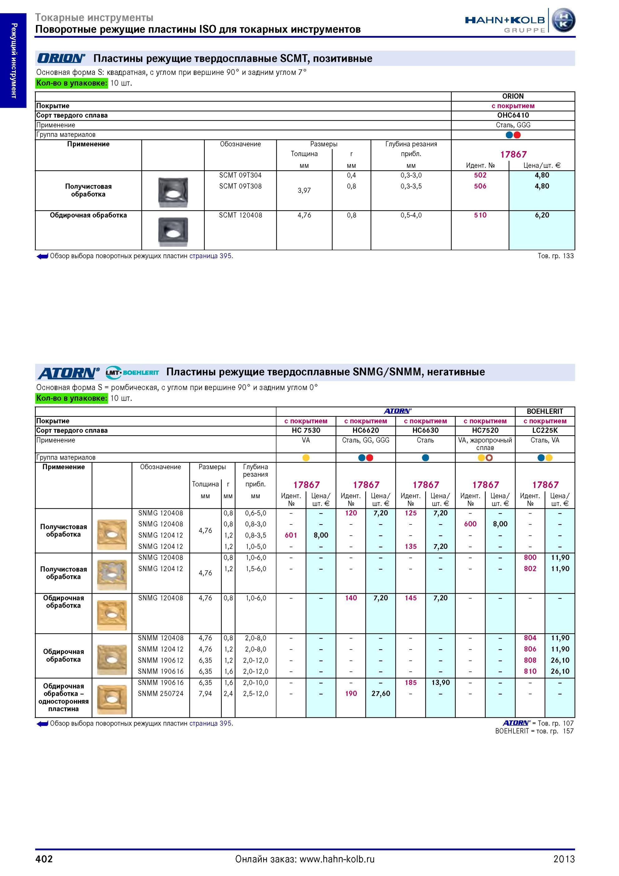 402 Твердосплавные стандартные ISO пластины Atorn SNMG SNMM для получистового и обдирочного точения Режущий материал Твердый сплав с покрытием HC6620 HC66 Каталог HAHN-KOLB 2013 Режущий измерительный слесарно-монтажный инструмент и станочная оснастка Мебель Стр. 402