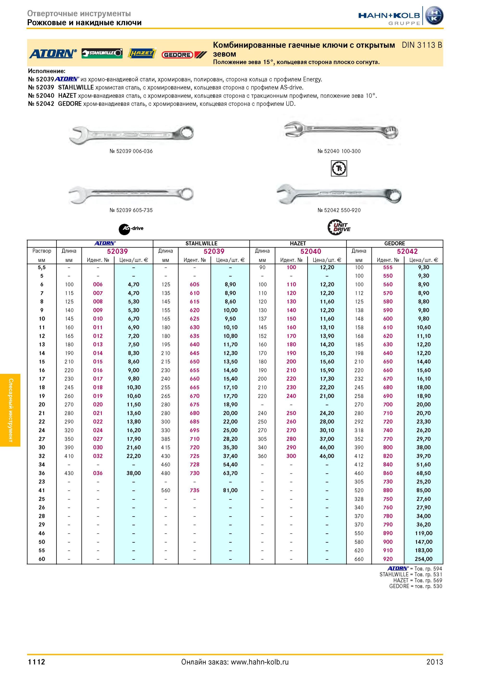 1112 Комбинированные гаечные ключи с открытым DIN 3113 B ЕТЯИЗЗ GEDORE jF зевом Положение зева 15°, кольцевая сторона плоско согнута Исполнение № 52039ДГОЯ Каталог HAHN-KOLB 2013 Режущий измерительный слесарно-монтажный инструмент и станочная оснастка Мебель Стр. 1112