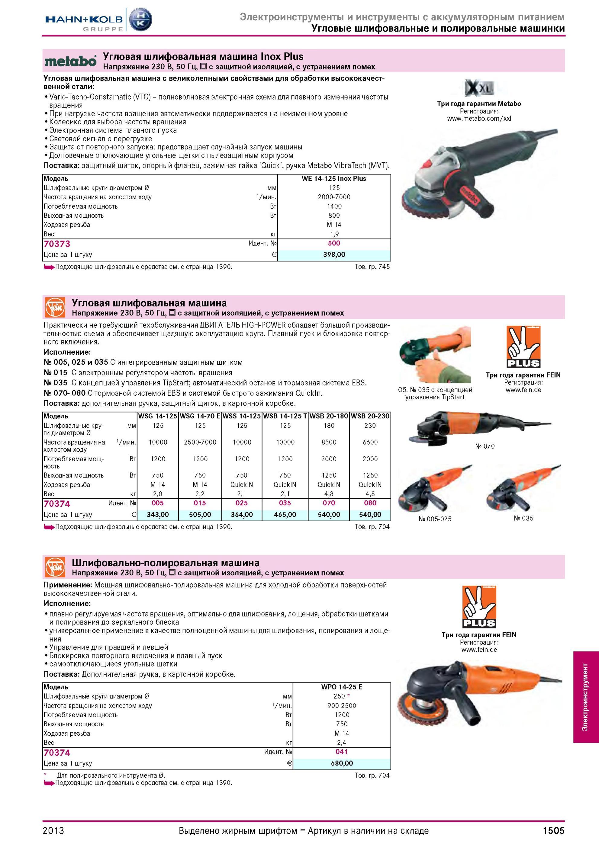 1505 Угловая шлифовальная машина Inox Plus Напряжение 230 В, 50 Гц, с защитной изоляцией, с устранением помех Угловая шлифовальная машина с великолепными с Каталог HAHN-KOLB 2013 Режущий измерительный слесарно-монтажный инструмент и станочная оснастка Мебель Стр. 1505