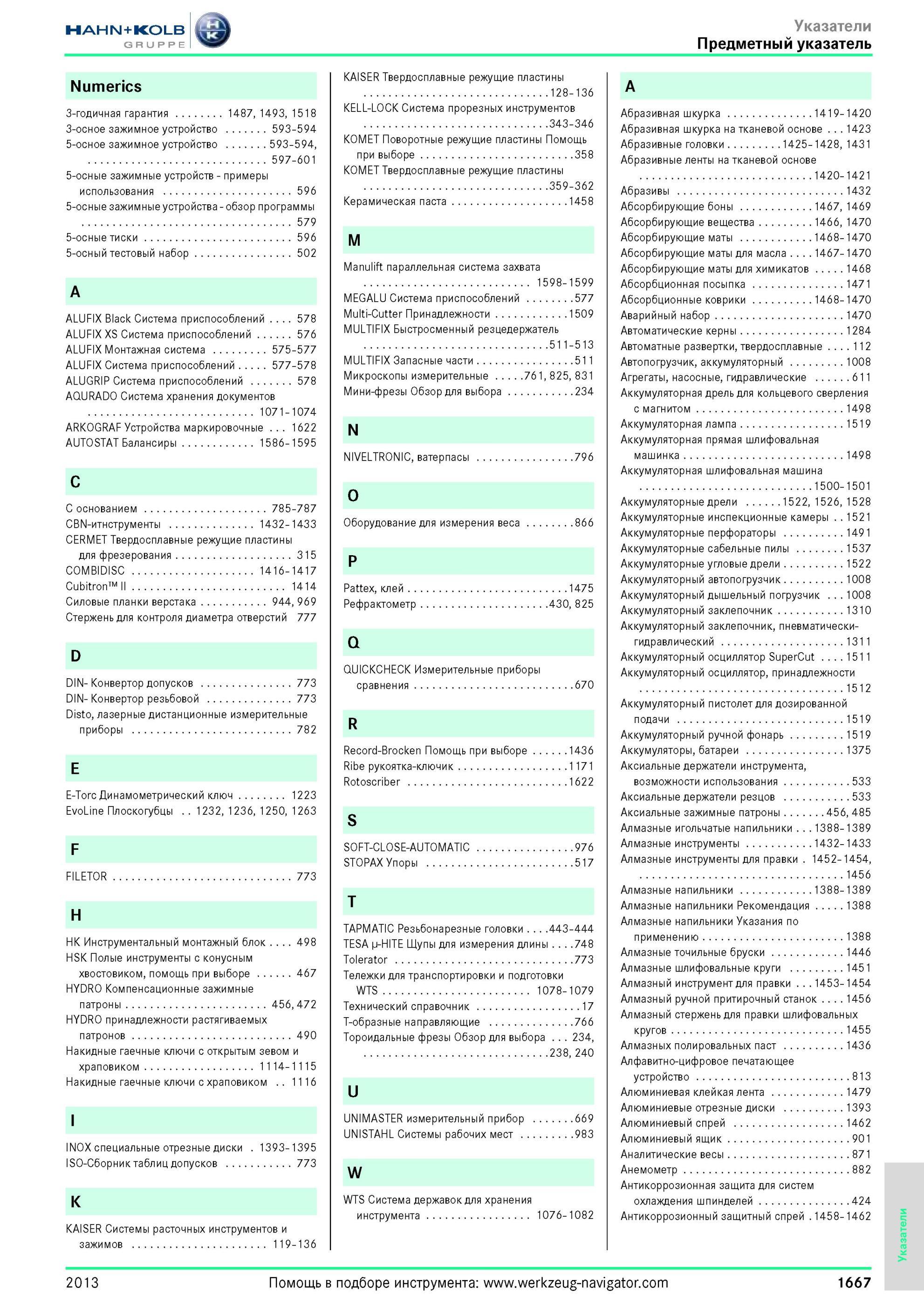 1667 Предметный указатель комплексного промышленного Hahn Kolb каталога 2013 года на русском языке Наименование по алфавиту Ссылка на страницы информационн Каталог HAHN-KOLB 2013 Режущий измерительный слесарно-монтажный инструмент и станочная оснастка Мебель Стр. 1667