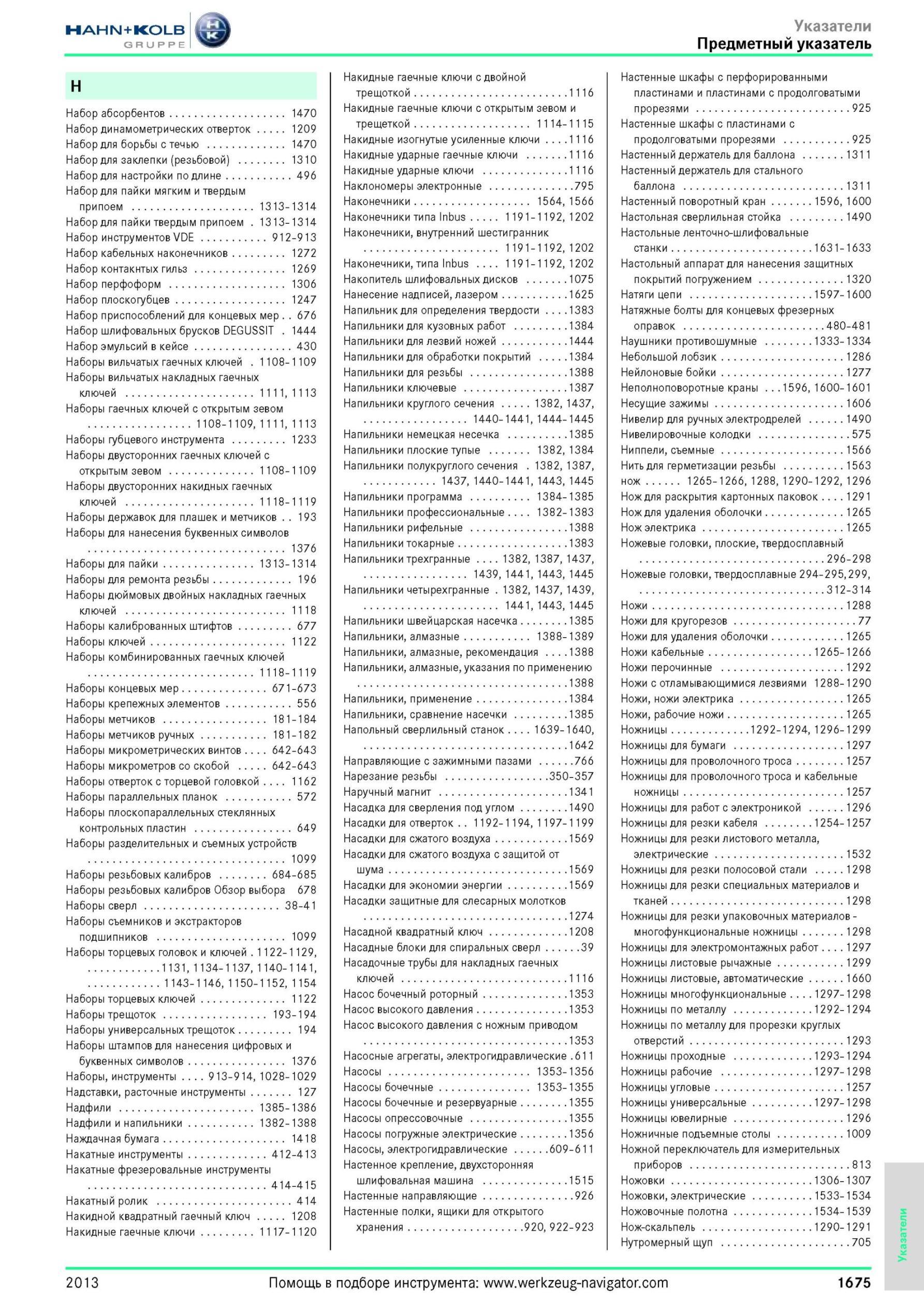 1675 Указатели Набор абсорбентов 1470 Набор динамометрических отверток 1209 Набор для борьбы с течью 1470 Набор для заклепки (резьбовой) 1310 Набор для нас Каталог HAHN-KOLB 2013 Режущий измерительный слесарно-монтажный инструмент и станочная оснастка Мебель Стр. 1675