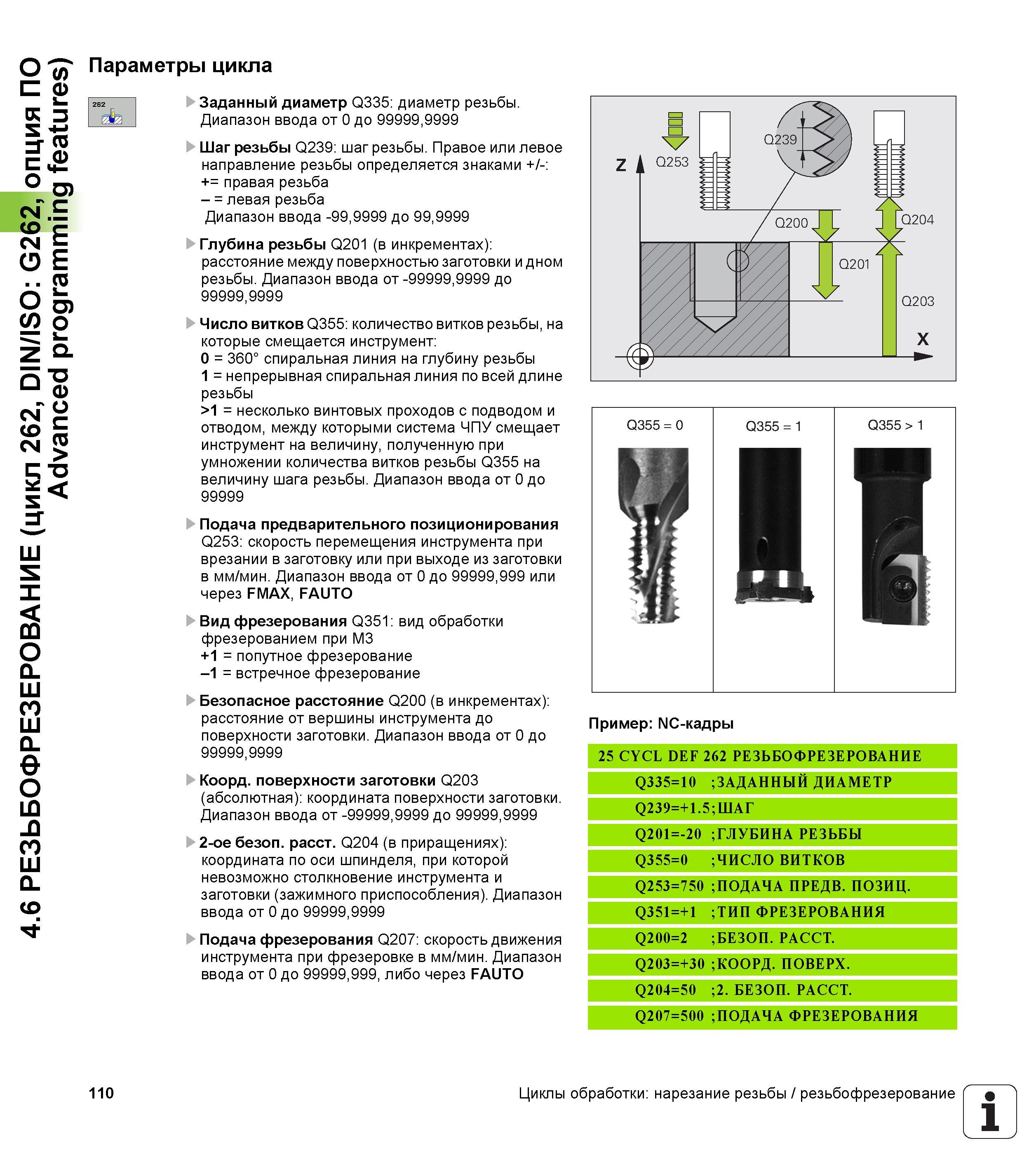 110 4 6 РЕЗЬБОФРЕЗЕРОВАНИЕ (цикл 262, DIN/ISO G262, опция ПО Advanced programming features) Параметры цикла Заданный диаметр Q335 диаметр резьбы Диап Руководство пользователя HEIDENHAIN TNC 620 Программирование циклов систем числового программного управления станочного металлообрабатывающего оборудования 2011 Стр. 110