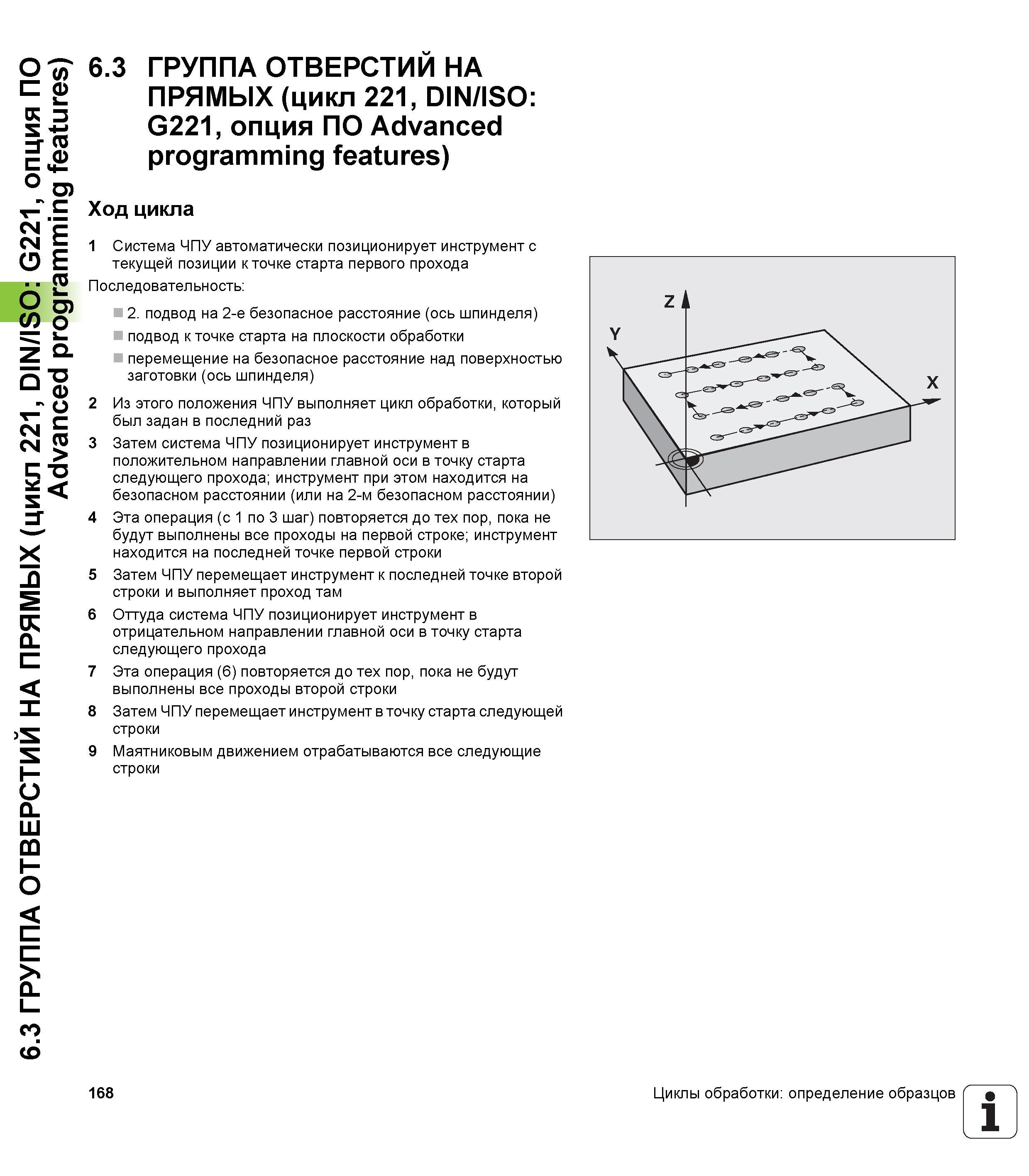 168 6 3 ГРУППА ОТВЕРСТИЙ НА ПРЯМЫХ (цикл 221, DIN/ISO G221, опция ПО Advanced programming features) 6 3 ГРУППА ОТВЕРСТИЙ НА ПРЯМЫХ (цикл 221, DIN/ISO Руководство пользователя HEIDENHAIN TNC 620 Программирование циклов систем числового программного управления станочного металлообрабатывающего оборудования 2011 Стр. 168