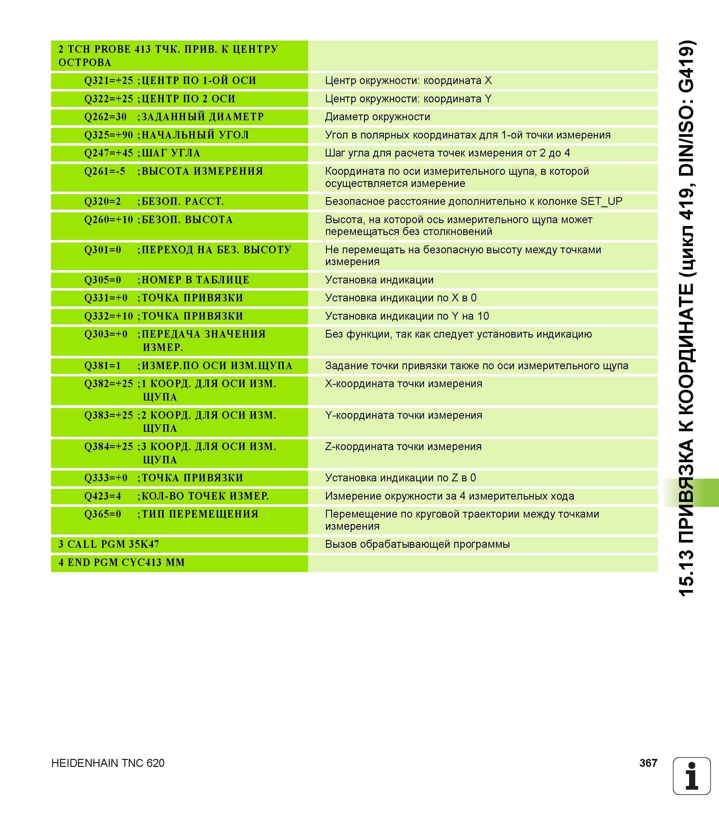 367 2 TCH PROBE 413 ТЧК ПРИВ К ЦЕНТРУ ОСТРОВА Q321=+25 ;ЦЕНТР ПО 1-ОИ ОСИ Центр окружности координата X Q322=+25 ;ЦЕНТР ПО 2 ОСИ Центр окружности коо Руководство пользователя HEIDENHAIN TNC 620 Программирование циклов систем числового программного управления станочного металлообрабатывающего оборудования 2011 Стр. 367