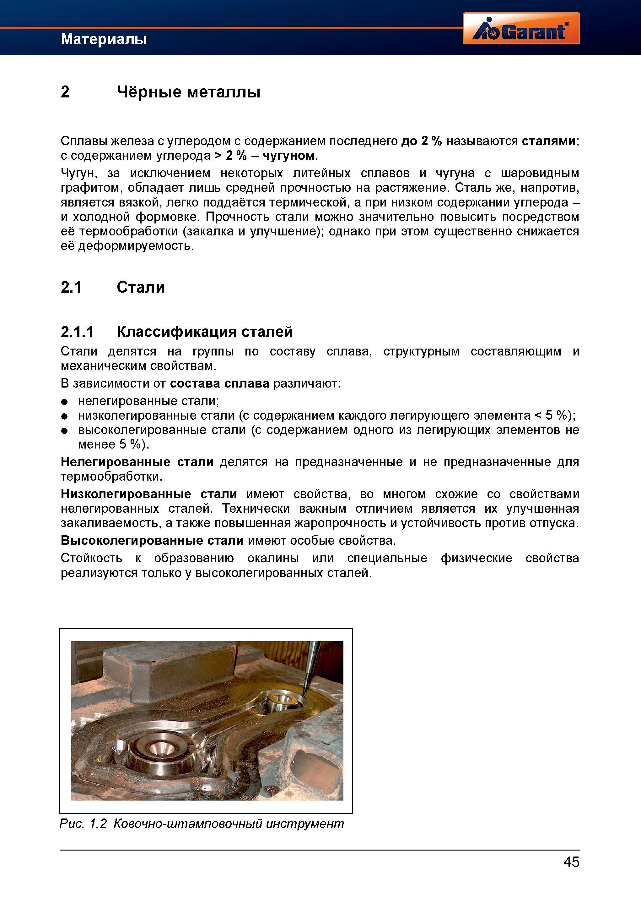 73 Классификация Стали делятся на группы по составу сплава, структурным составляющим и механическим свойствам В зависимости от состава сплава Справочник HOFFMANN GROUP 2012 Обработка материалов резанием Garant ToolScout Металлорежущий инструмент и инструментальная оснастка для станков Стр. 45