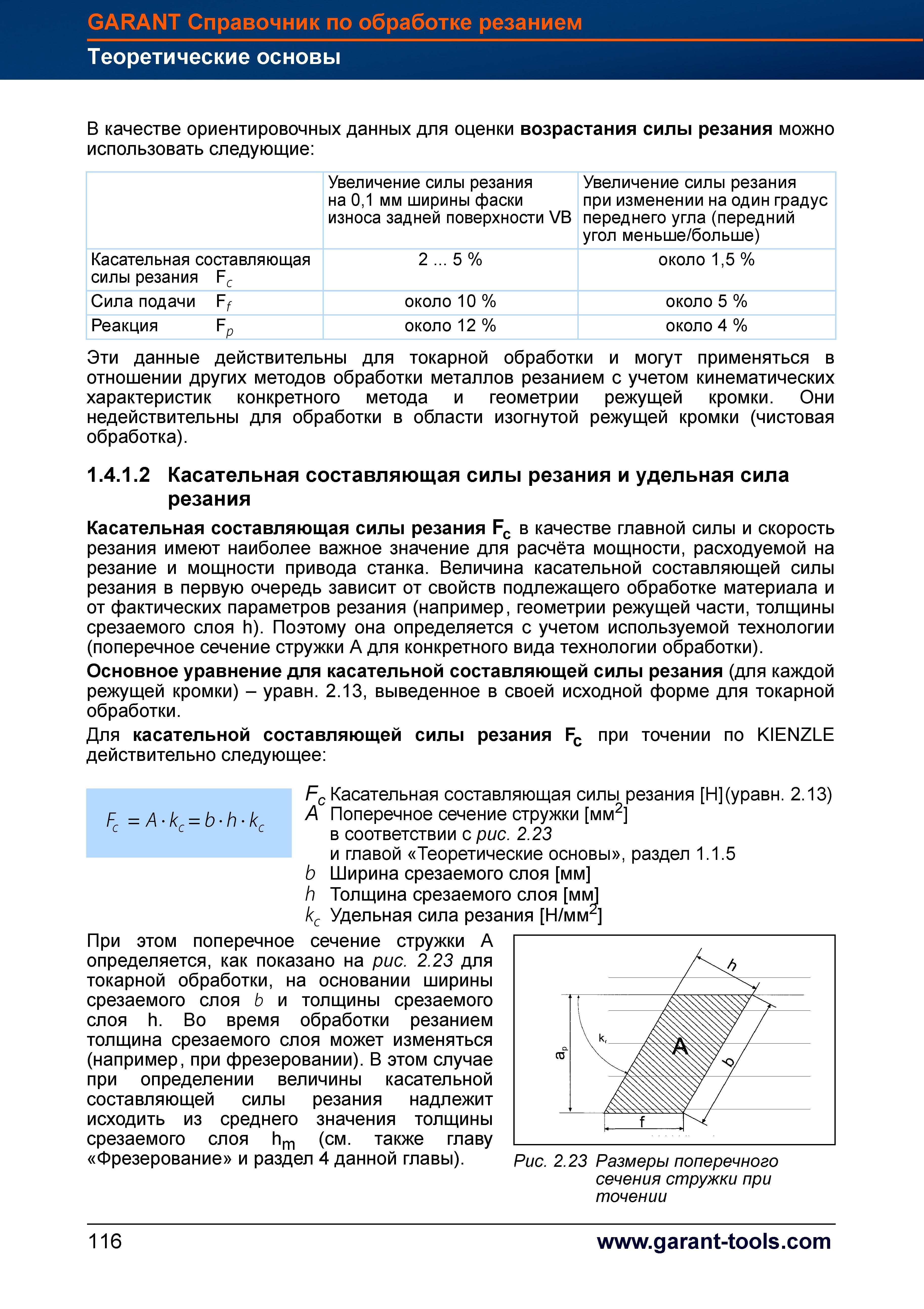144 В качестве ориентировочных данных для оценки возрастания силы резания можно использовать следующие Увеличение силы резания на 0,1 мм ширин Справочник HOFFMANN GROUP 2012 Обработка материалов резанием Garant ToolScout Металлорежущий инструмент и инструментальная оснастка для станков Стр. 116