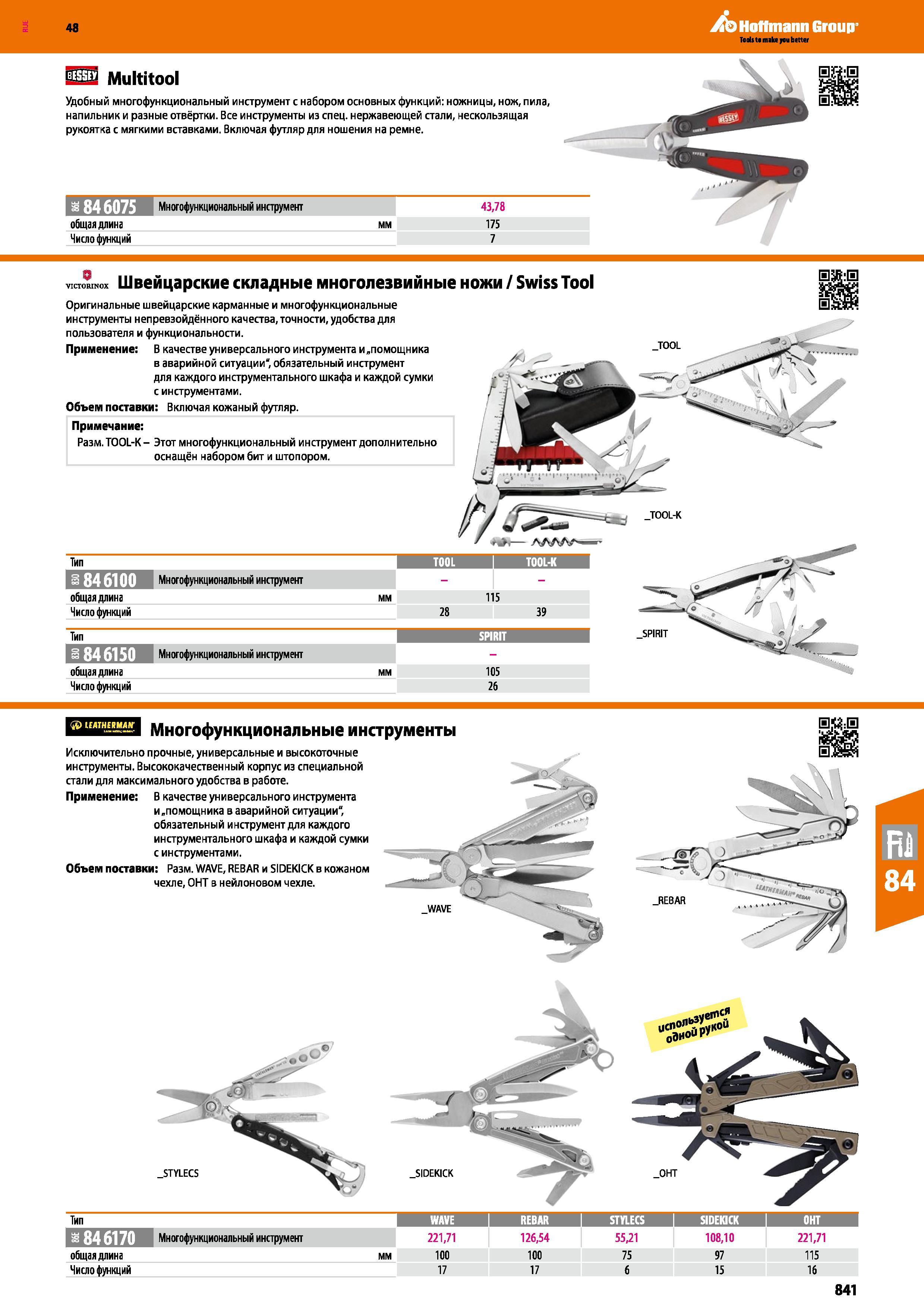 841 Multitool Удобный многофункциональный инструмент с набором основных функций: ножницы, нож, пила, напильник и разные отвёртки Все инструме Каталог HOFFMANN GROUP 2017 Ручной слесарно-монтажный и контрольно-измерительный инструмент для производственных предприятиий и служб сервиса Инвентарь Стр. 841