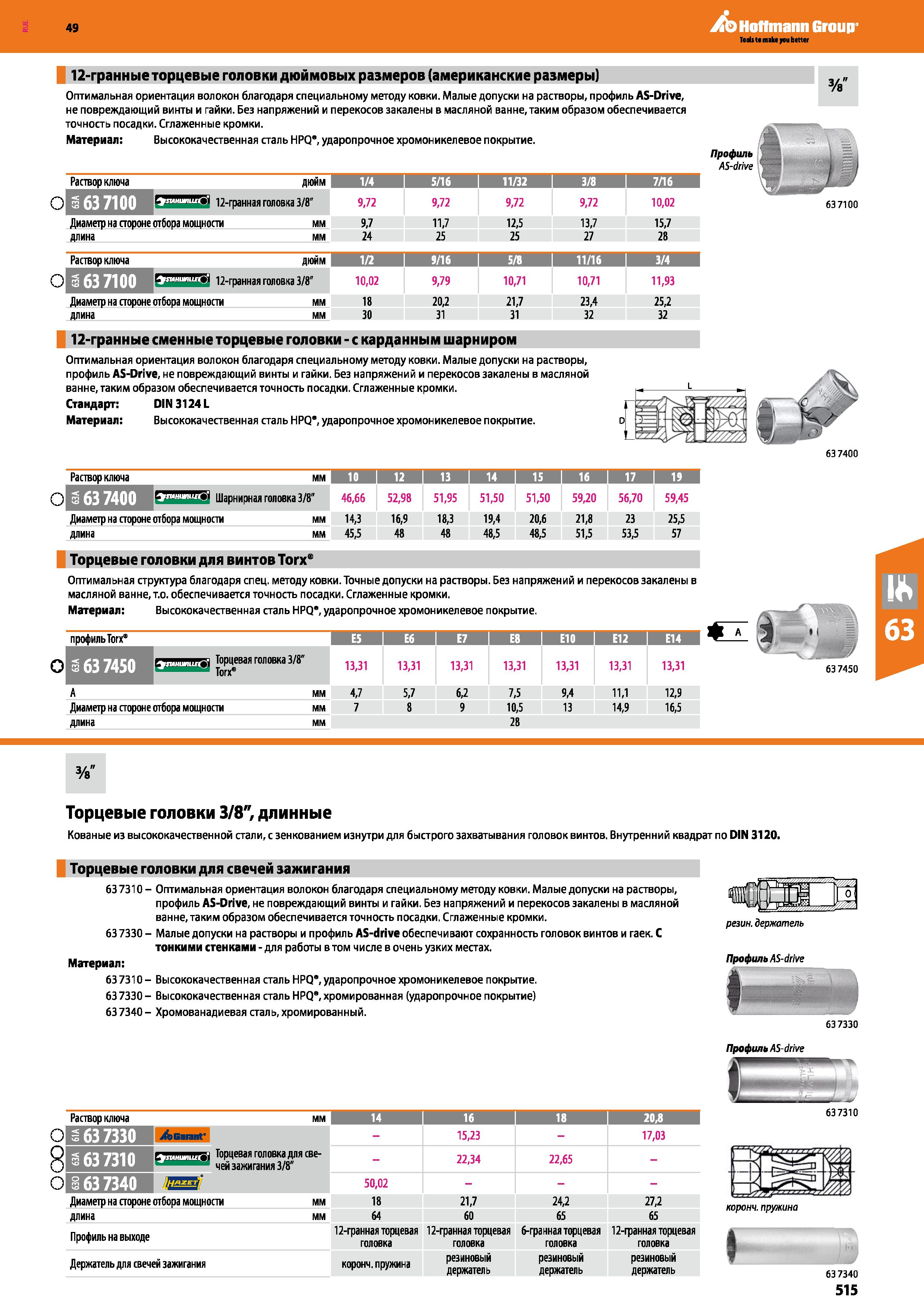 515 12-гранные торцевые головки дюймовых размеров (американские размеры) Оптимальная ориентация волокон благодаря специальному методу ковки Малы Каталог HOFFMANN GROUP 2018 Инструмент ручной Слесарный и механизированный Измерительные приборы и инструменты Производственный инвентарь Стр. 515