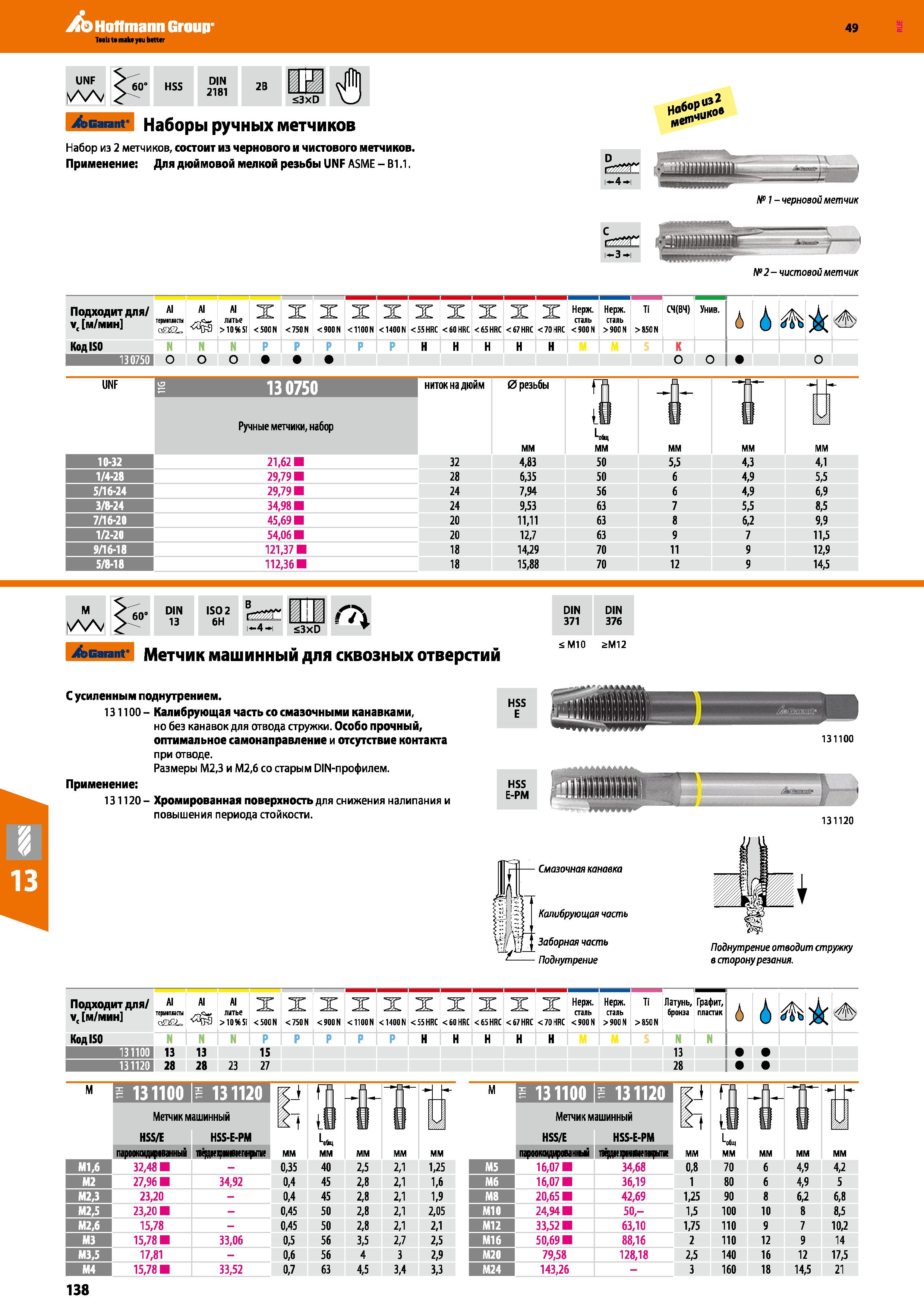 138 Hoffmann Group 49 HSS DIN 2181 2B S3XD Garant Наборы РУЧНЫХ МвТЧИКОВ Набор из 2 метчиков, состоит из чернового и чистового метчиков П Каталог HOFFMANN GROUP 2018 Профессиональный режущий и вспомогательный инструмент для промышленного оборудования Сверла Фрезы Метчики Державки Стр. 138