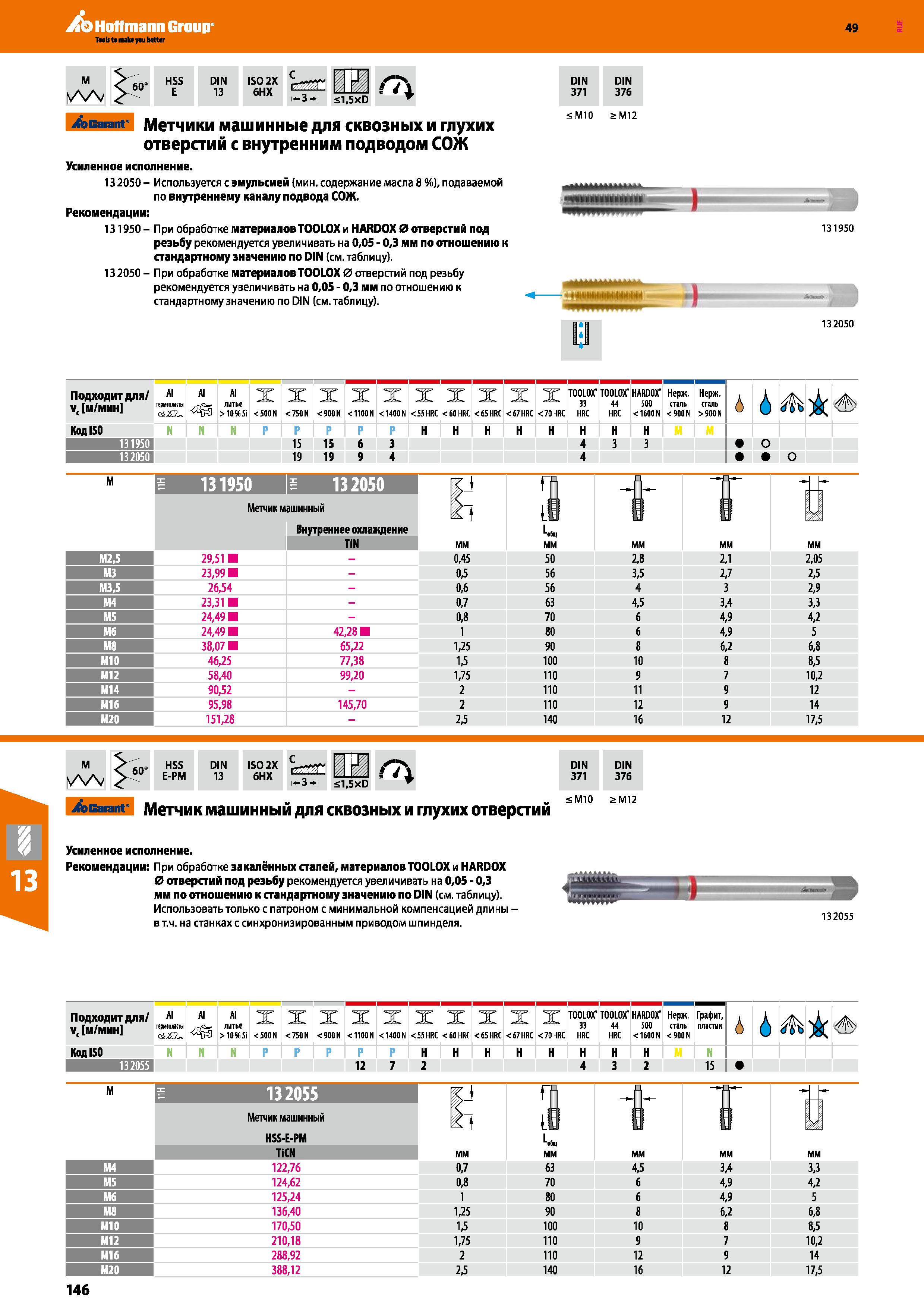146 Hoffmann Group 49 IN 13 ISO 2X 6HX 1-3-1 a Sl,5xD Г7> Garant Метчики машинные для сквозных и глухих отверстий с внутренним подводом С Каталог HOFFMANN GROUP 2018 Профессиональный режущий и вспомогательный инструмент для промышленного оборудования Сверла Фрезы Метчики Державки Стр. 146