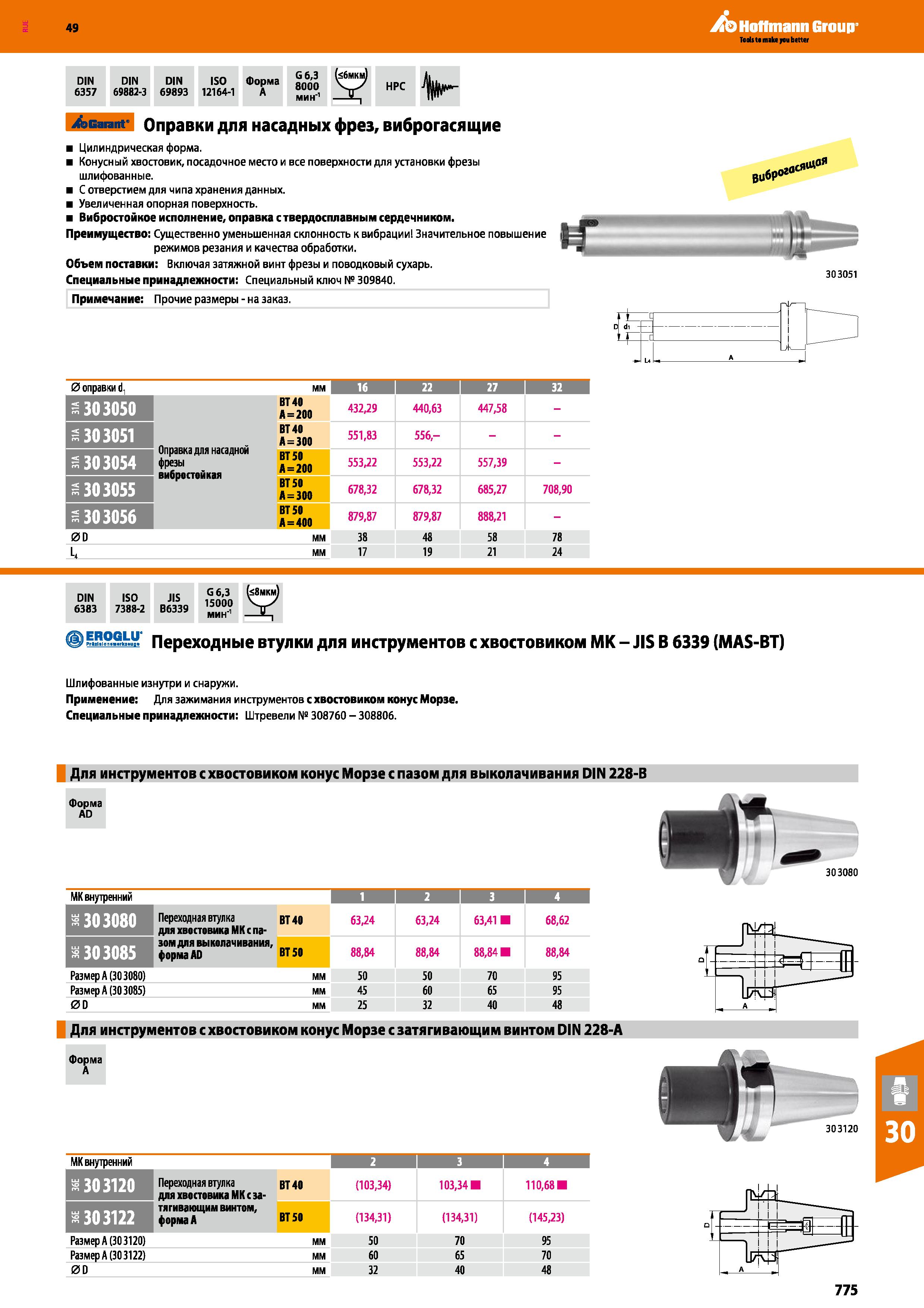 775 Hoffmann Group DIN DIN DIN 6357 69882-3 69893 ISO Форма 12164-1 A G6,3 8000 мин' Garant Оправки для насадных фрез, виброгасящие Цилин Каталог HOFFMANN GROUP 2018 Профессиональный режущий и вспомогательный инструмент для промышленного оборудования Сверла Фрезы Метчики Державки Стр. 775