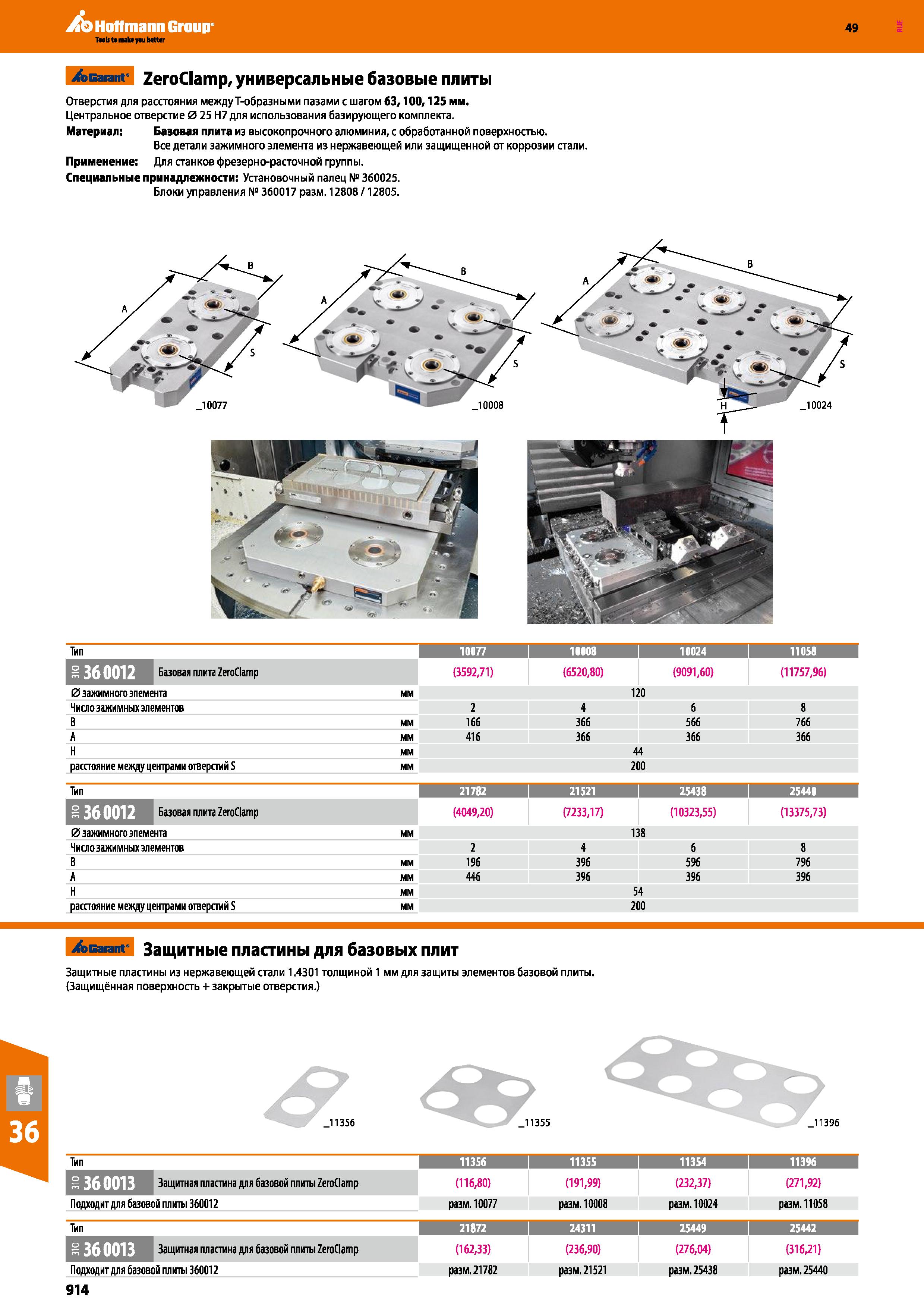 914 Garant ZeroClamp, универсальные базовые плиты Отверстия для расстояния между Т-образными пазами с шагом 63,100,125 мм Центральное отв Каталог HOFFMANN GROUP 2018 Профессиональный режущий и вспомогательный инструмент для промышленного оборудования Сверла Фрезы Метчики Державки Стр. 914
