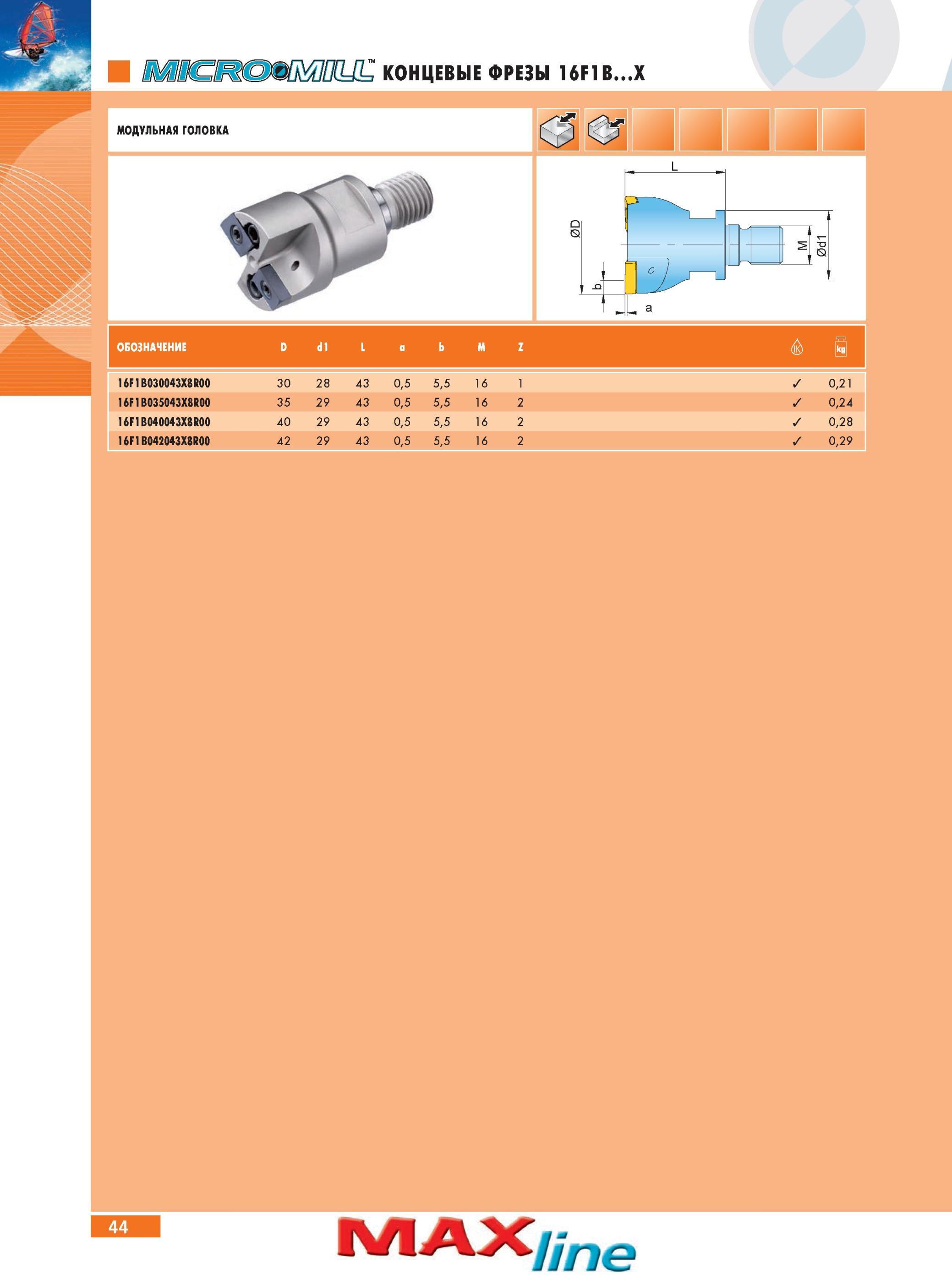48 Концевые фрезы Ingersoll МОДУЛЬНАЯ ГОЛОВКА 4J a Обозначение D d1 L b M Z dj 16F1B030043X8R00 30 28 4; 3 0,5 5,5 16 1 0,21 16F1B035043X8R00 35 29 4; 3 0,5 5,5 16 Каталог INGERSOLL 2014 Фрезерный инструмент Инструментальная оснастка Сверла Стр. 44